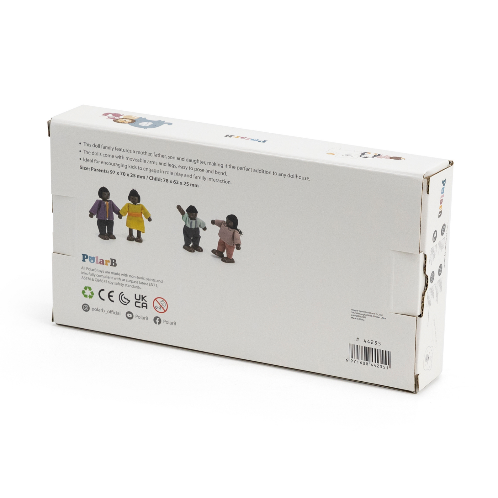 PolarB Wooden Doll Family Set 44255, 4-Piece Poseable Figures with Fabric Clothes, Ideal for Dollhouse Play and Role-Playing for Ages 3+