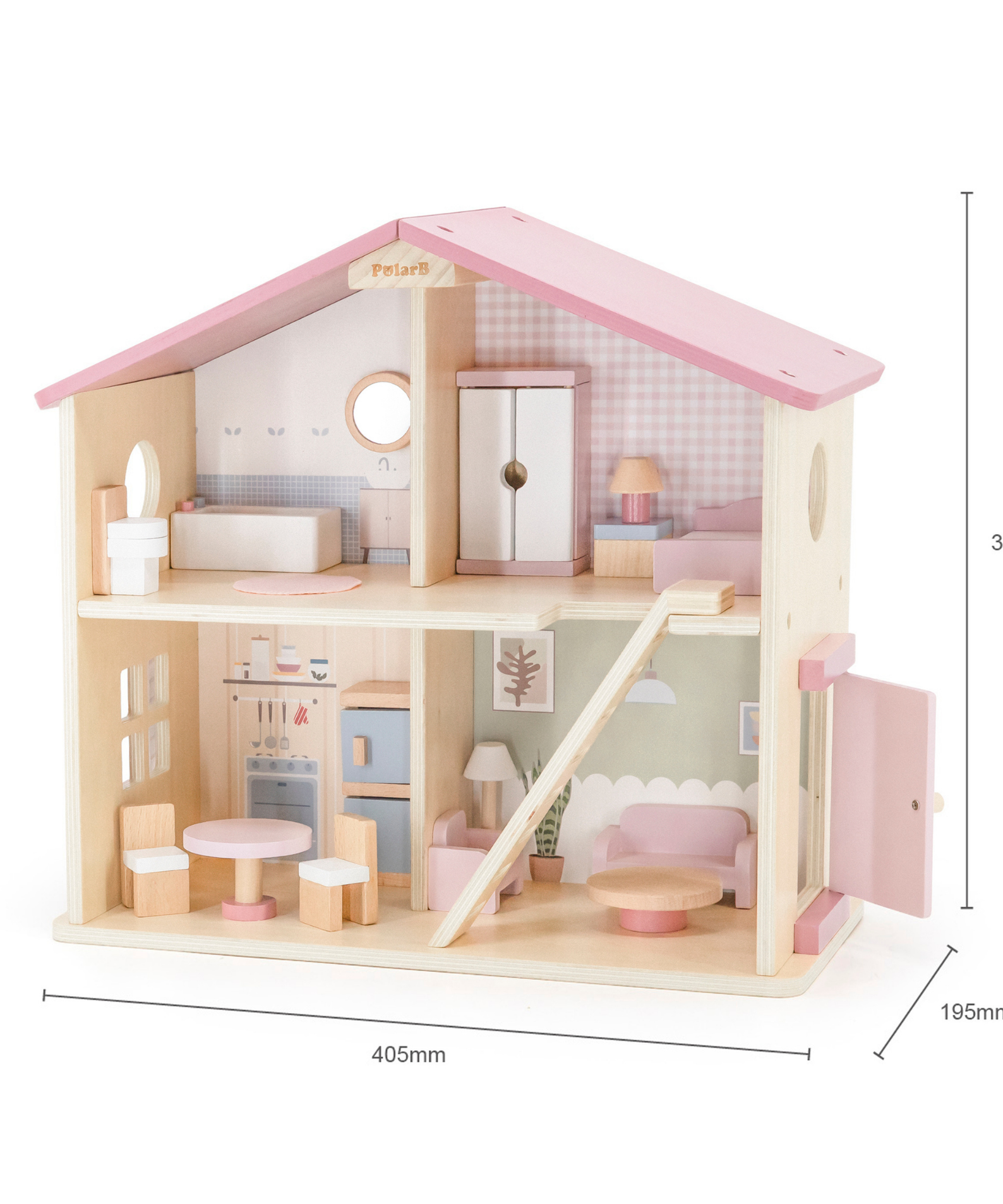 PolarB Wooden Dollhouse, 2-Story Playhouse with 16 Furniture Pieces, Pastel Pretend Play Set for Kids Ages 3+