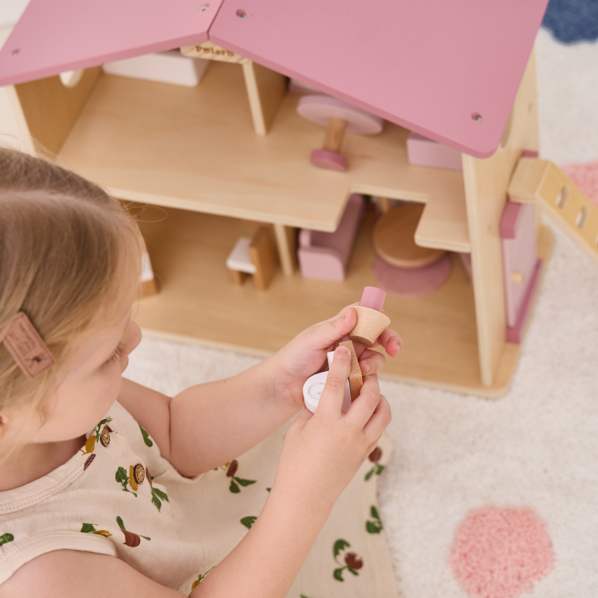 PolarB Wooden Dollhouse, 2-Story Playhouse with 16 Furniture Pieces, Pastel Pretend Play Set for Kids Ages 3+