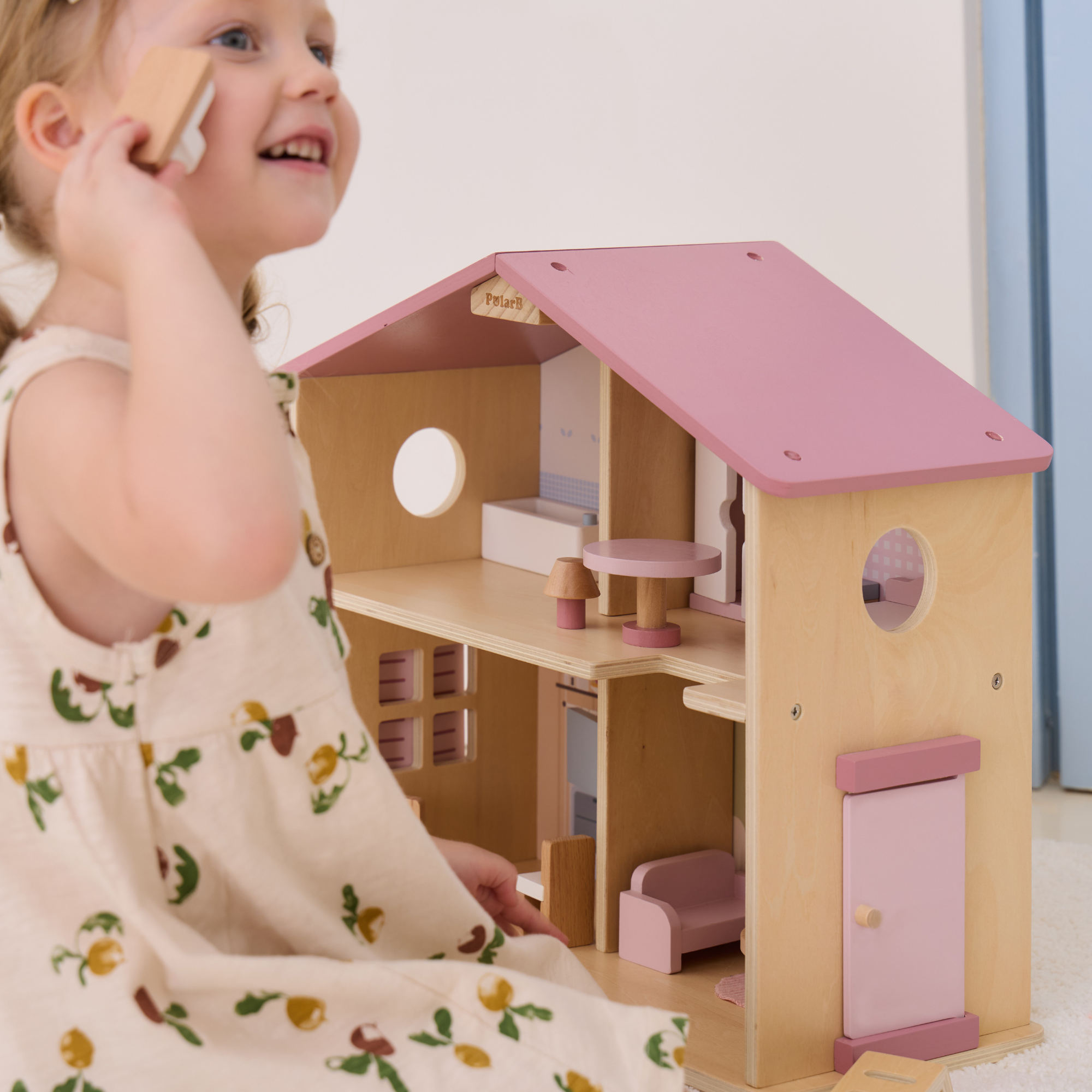 PolarB Wooden Dollhouse, 2-Story Playhouse with 16 Furniture Pieces, Pastel Pretend Play Set for Kids Ages 3+