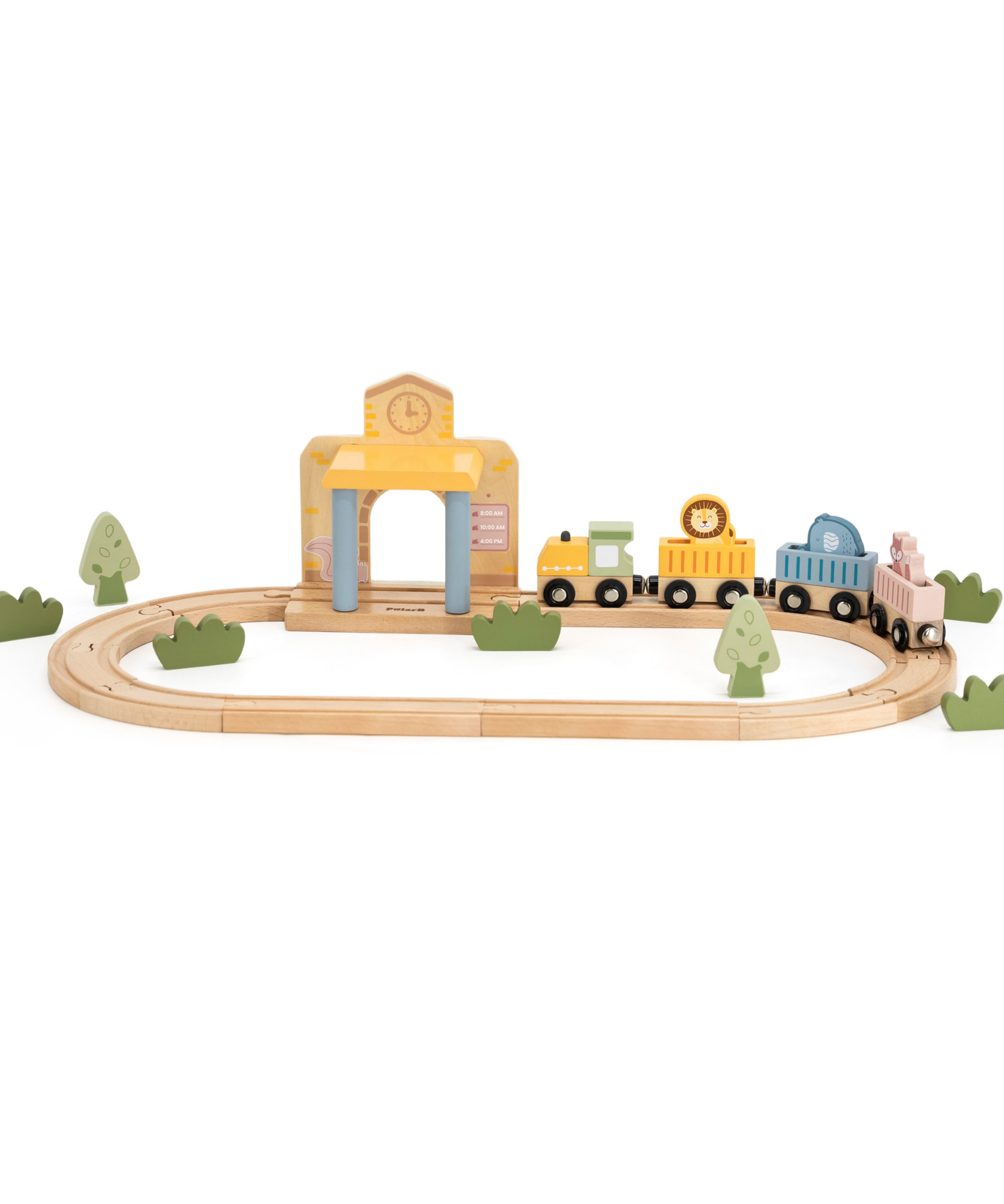 PolarB Wooden Train Set, 30 Pieces with Interactive Sound Station, Tracks, Animal Figures and Accessories, Educational Toy for Kids Ages 3 and Up