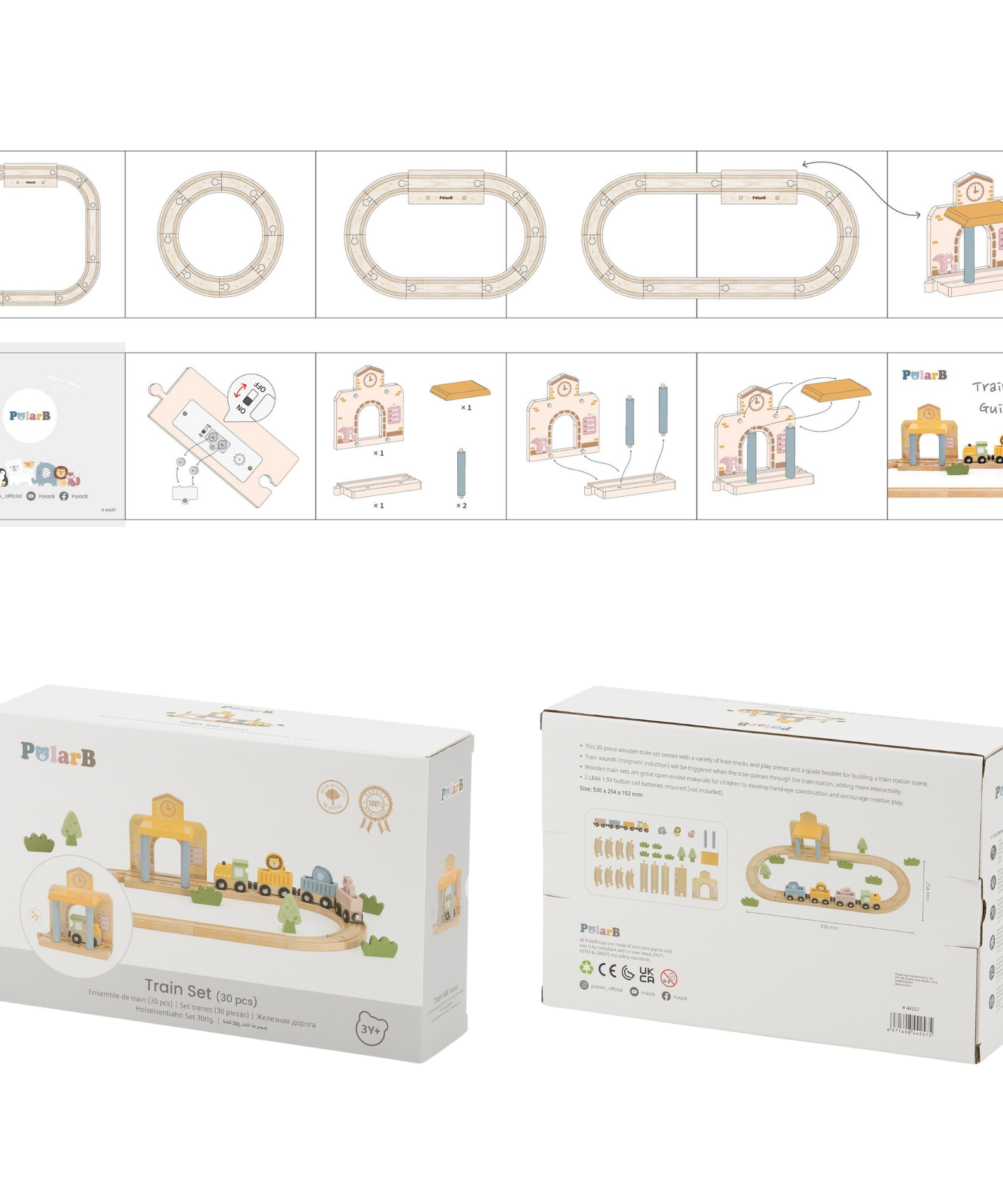 PolarB Wooden Train Set, 30 Pieces with Interactive Sound Station, Tracks, Animal Figures and Accessories, Educational Toy for Kids Ages 3 and Up
