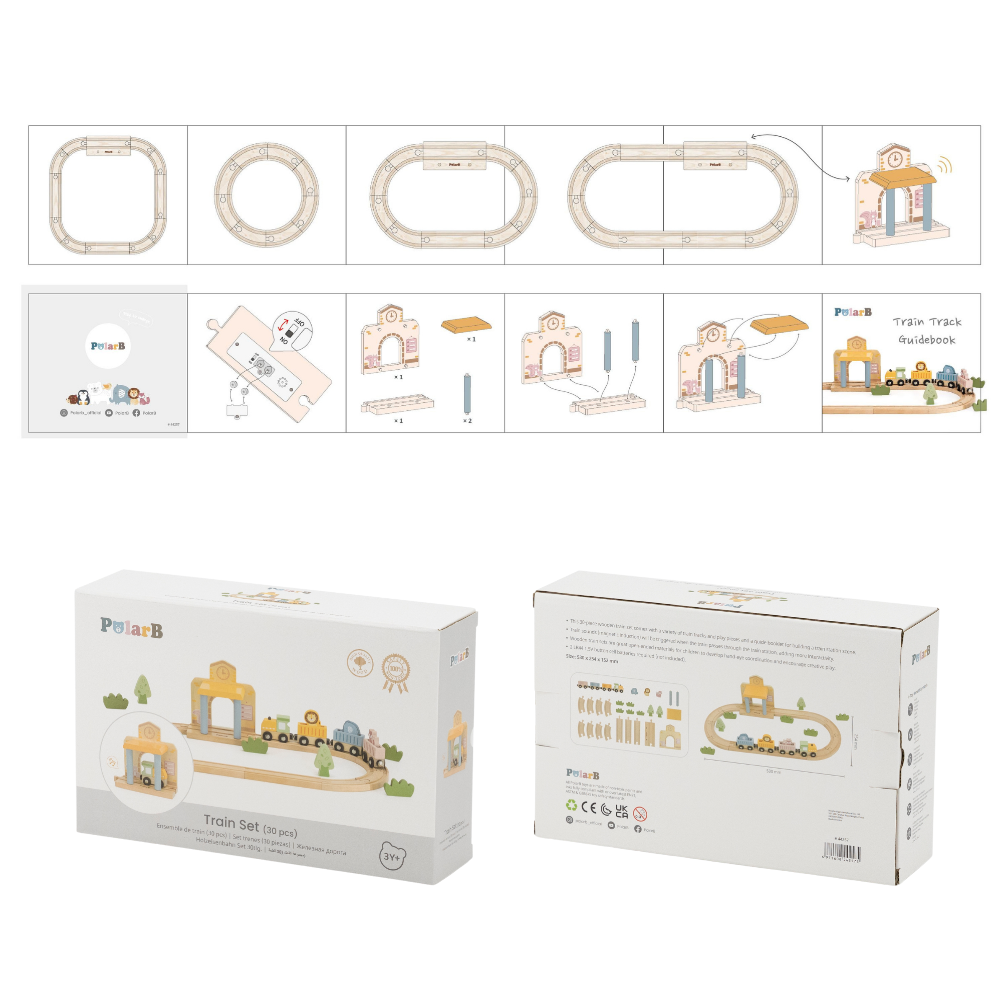 PolarB Wooden Train Set, 30 Pieces with Interactive Sound Station, Tracks, Animal Figures and Accessories, Educational Toy for Kids Ages 3 and Up