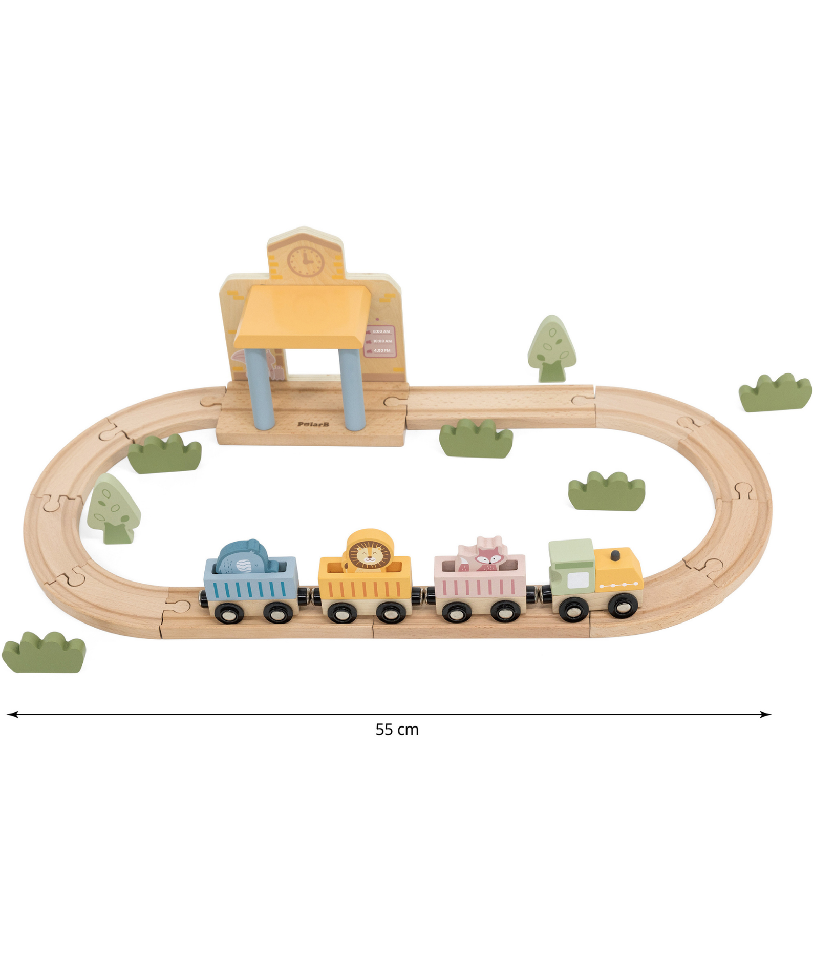PolarB Wooden Train Set, 30 Pieces with Interactive Sound Station, Tracks, Animal Figures and Accessories, Educational Toy for Kids Ages 3 and Up
