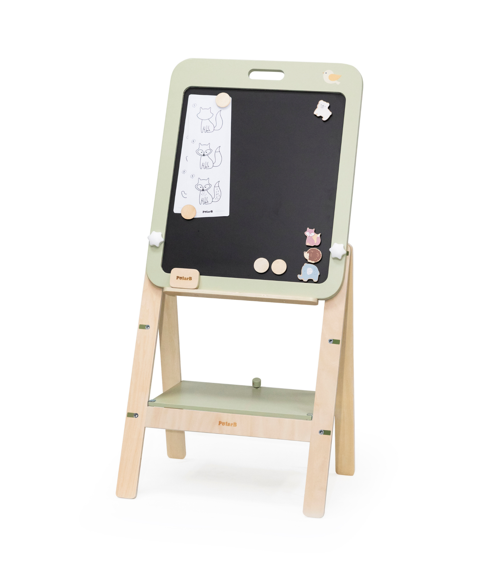 PolarB Wooden Standing Easel with Magnetic Boards, Double-Sided Height Adjustable Art Easel for Kids with Accessories, Animal Theme, Ages 3+