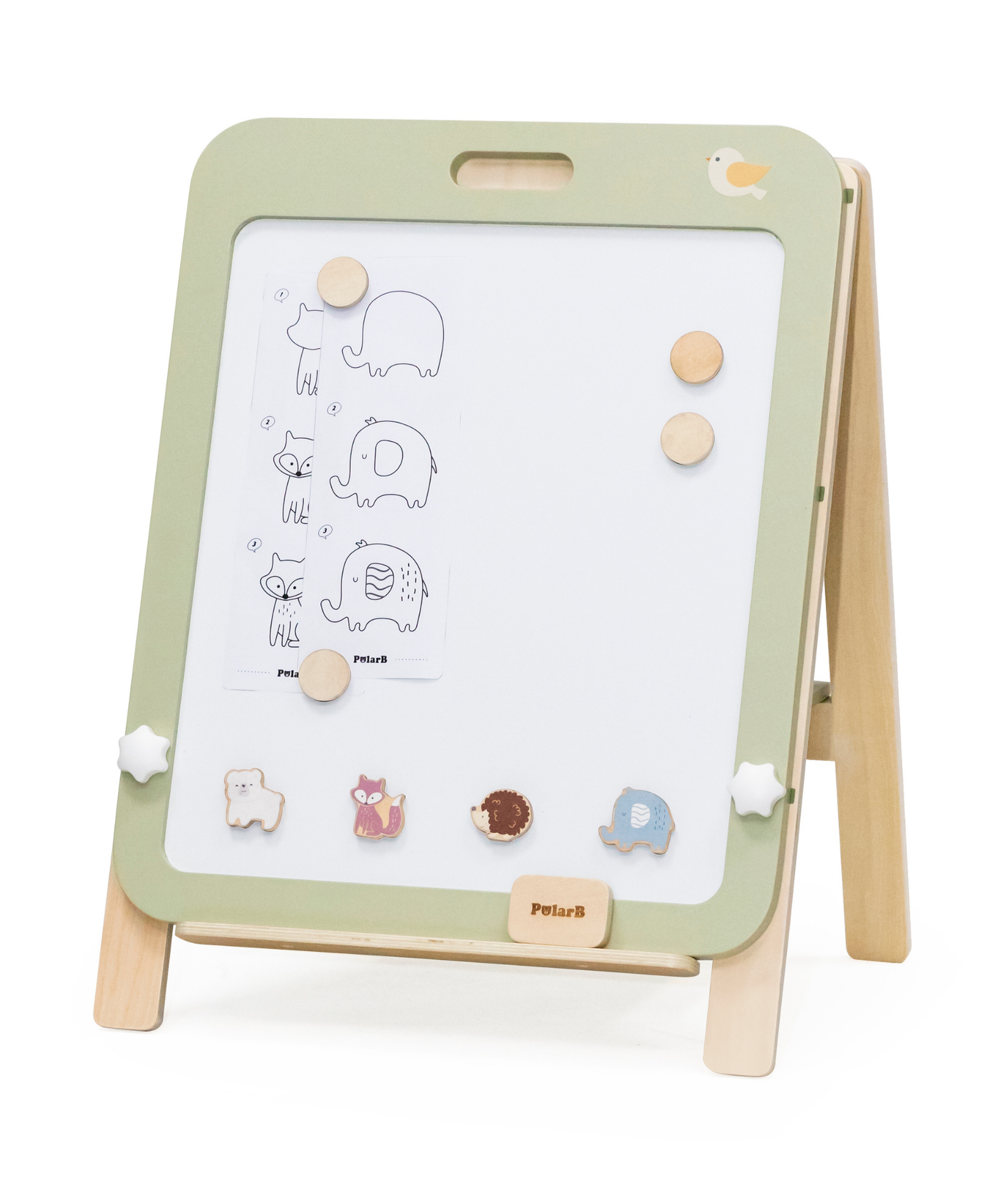 PolarB Wooden Standing Easel with Magnetic Boards, Double-Sided Height Adjustable Art Easel for Kids with Accessories, Animal Theme, Ages 3+