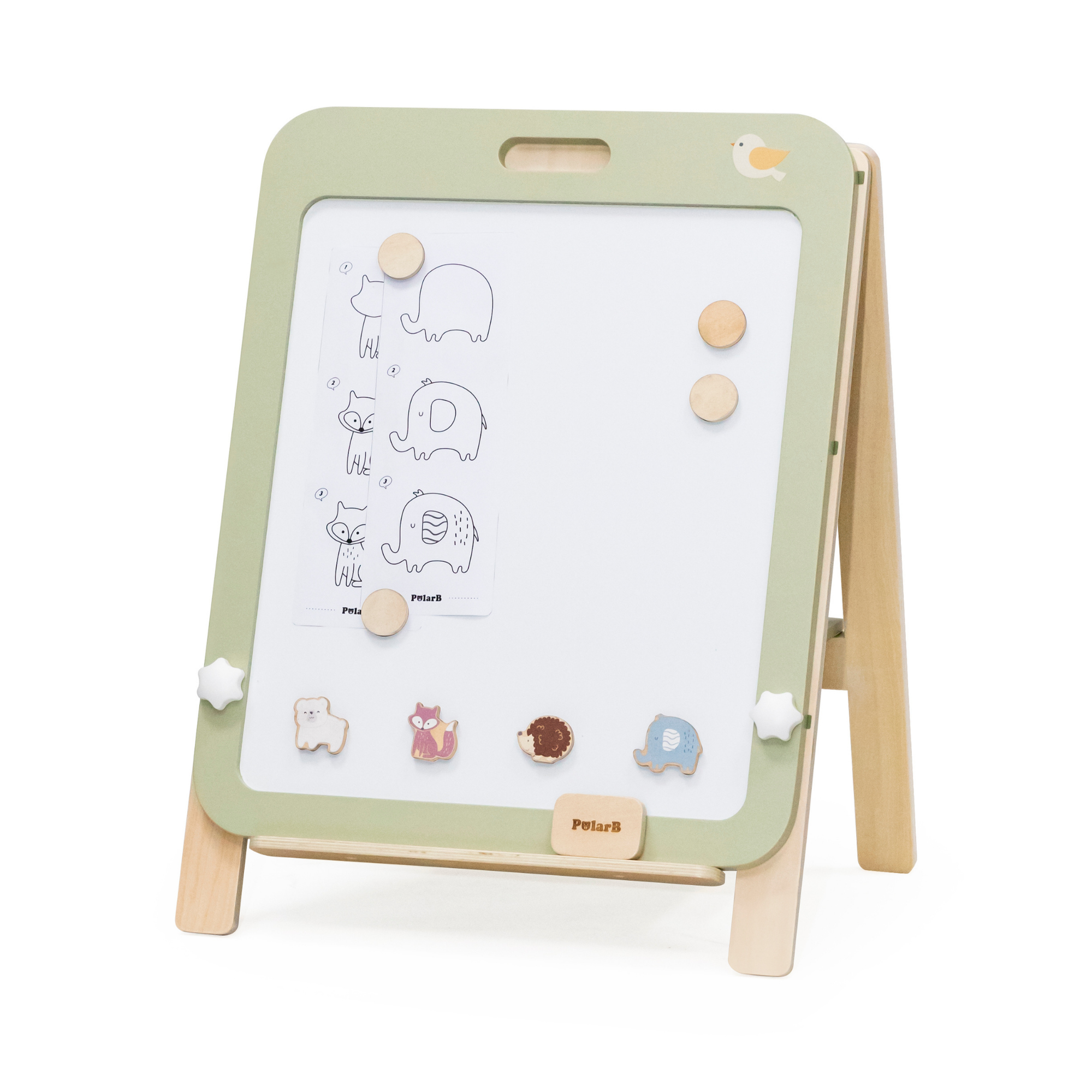PolarB Wooden Standing Easel with Magnetic Boards, Double-Sided Height Adjustable Art Easel for Kids with Accessories, Animal Theme, Ages 3+