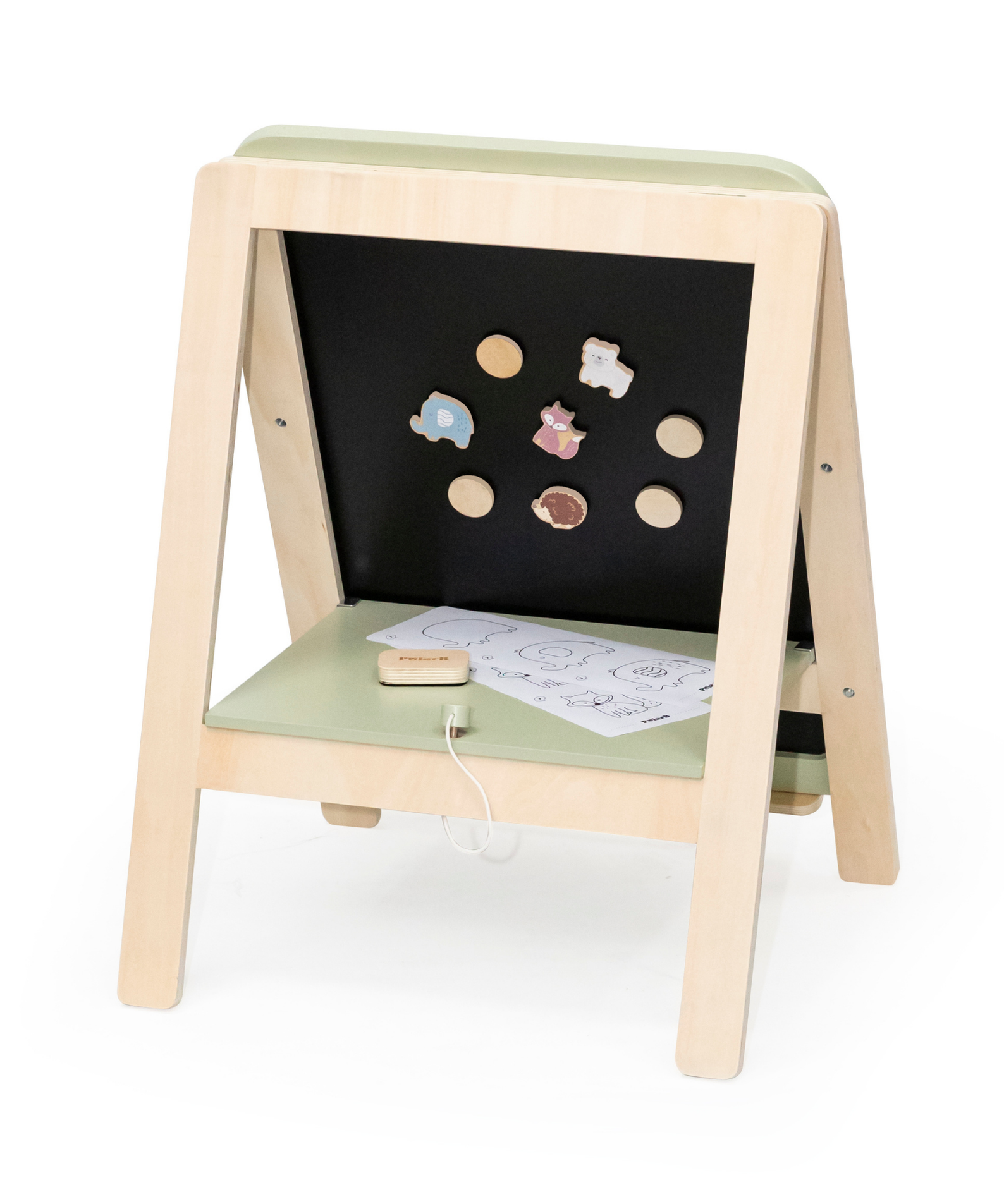 PolarB Wooden Standing Easel with Magnetic Boards, Double-Sided Height Adjustable Art Easel for Kids with Accessories, Animal Theme, Ages 3+