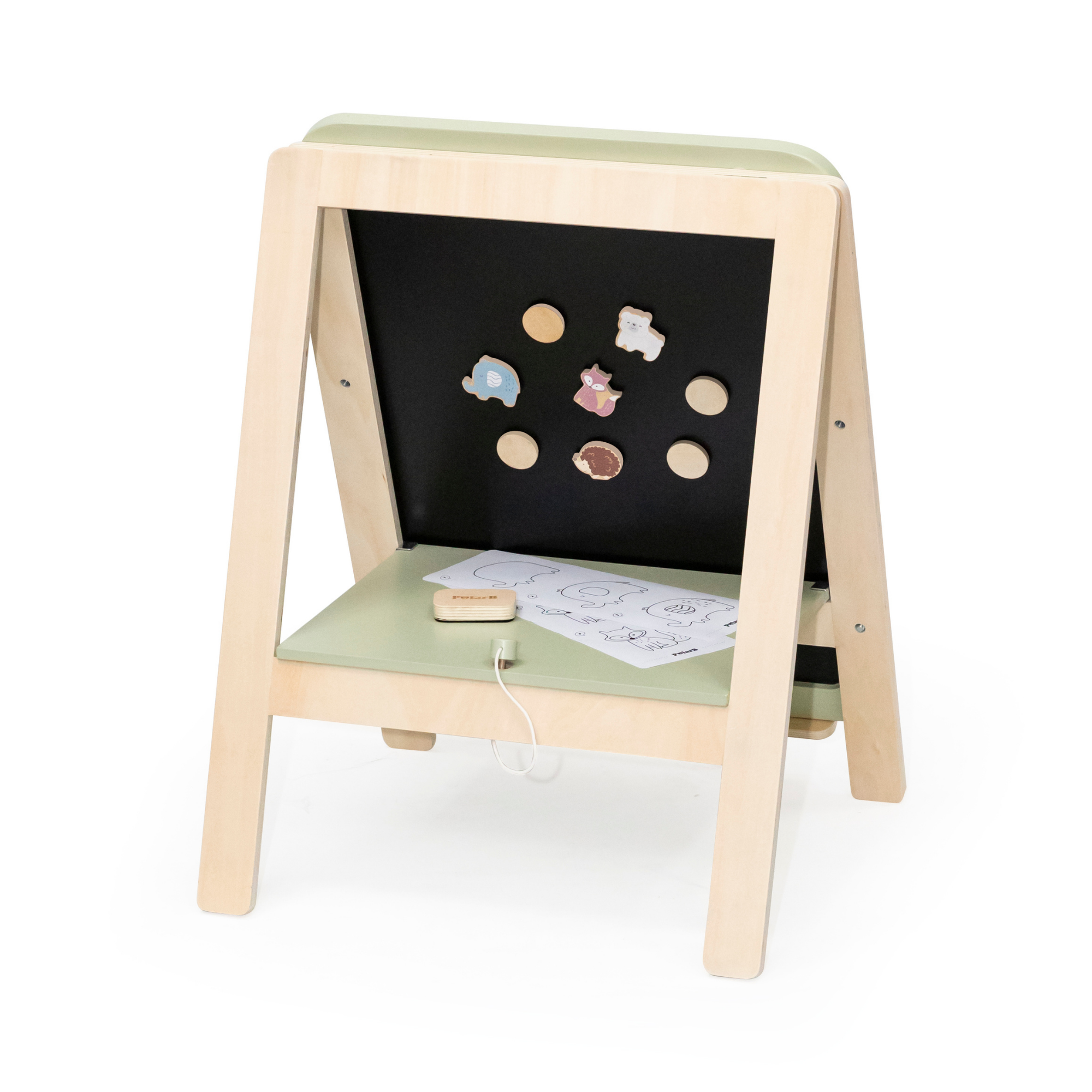 PolarB Wooden Standing Easel with Magnetic Boards, Double-Sided Height Adjustable Art Easel for Kids with Accessories, Animal Theme, Ages 3+