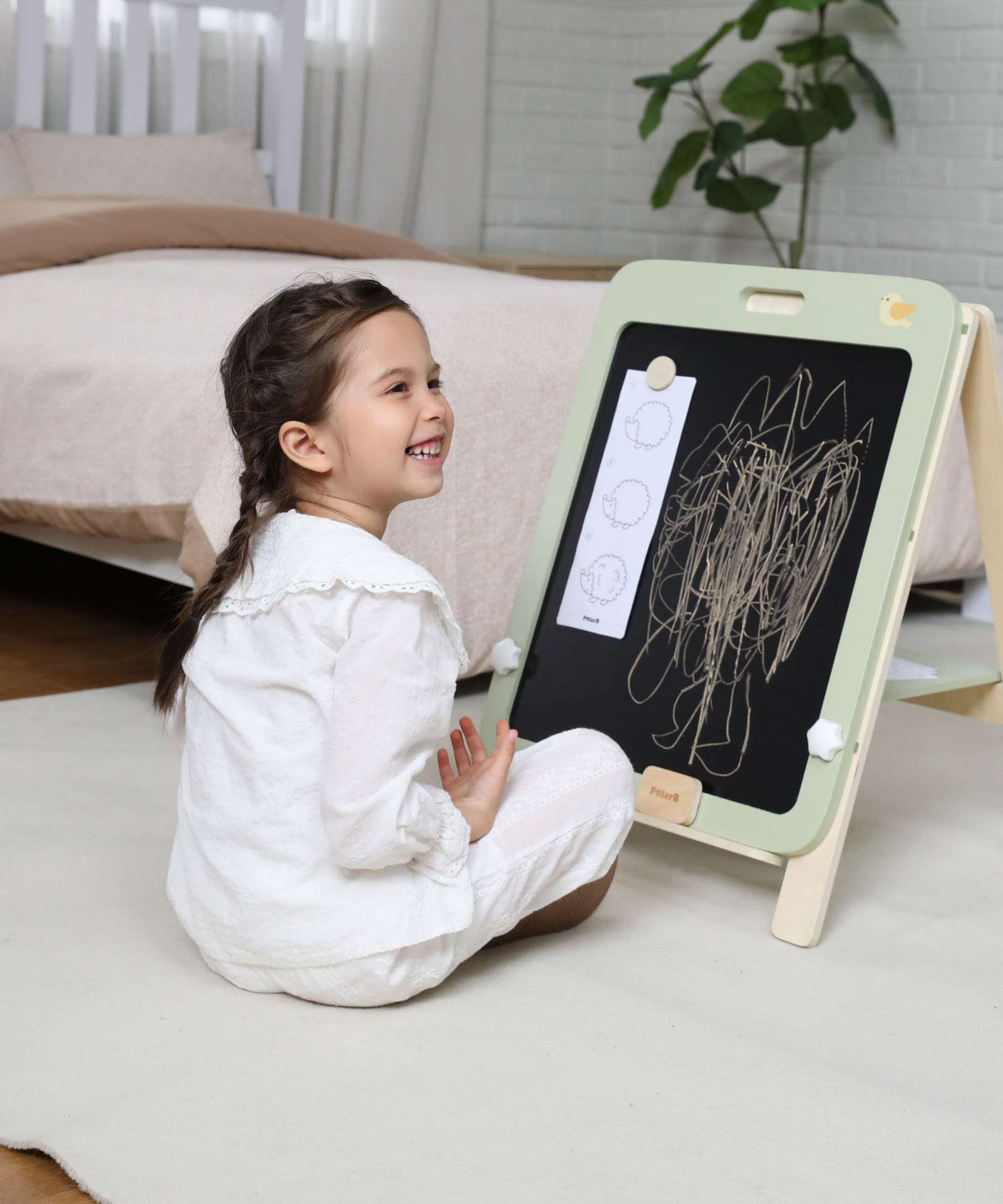 PolarB Wooden Standing Easel with Magnetic Boards, Double-Sided Height Adjustable Art Easel for Kids with Accessories, Animal Theme, Ages 3+