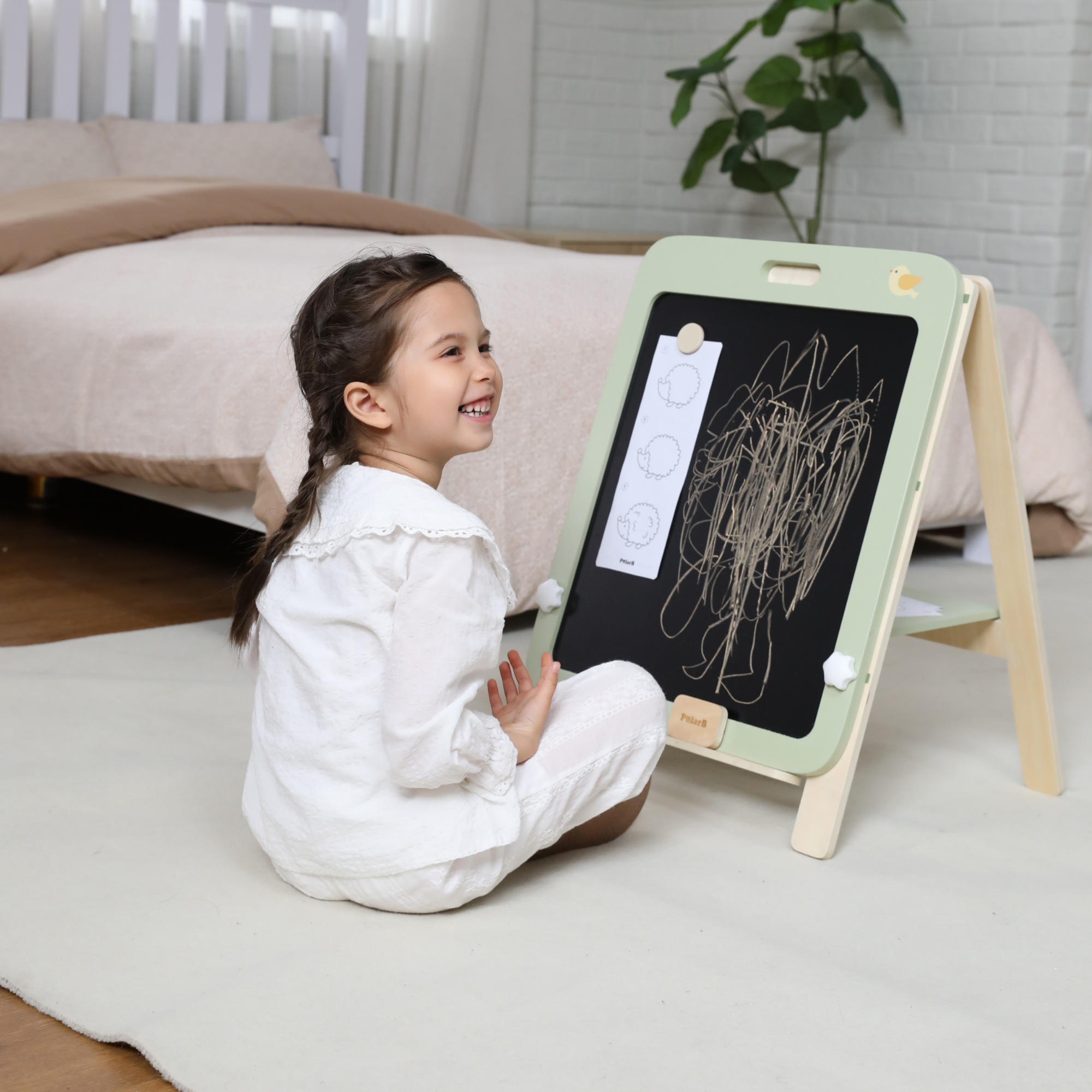 PolarB Wooden Standing Easel with Magnetic Boards, Double-Sided Height Adjustable Art Easel for Kids with Accessories, Animal Theme, Ages 3+