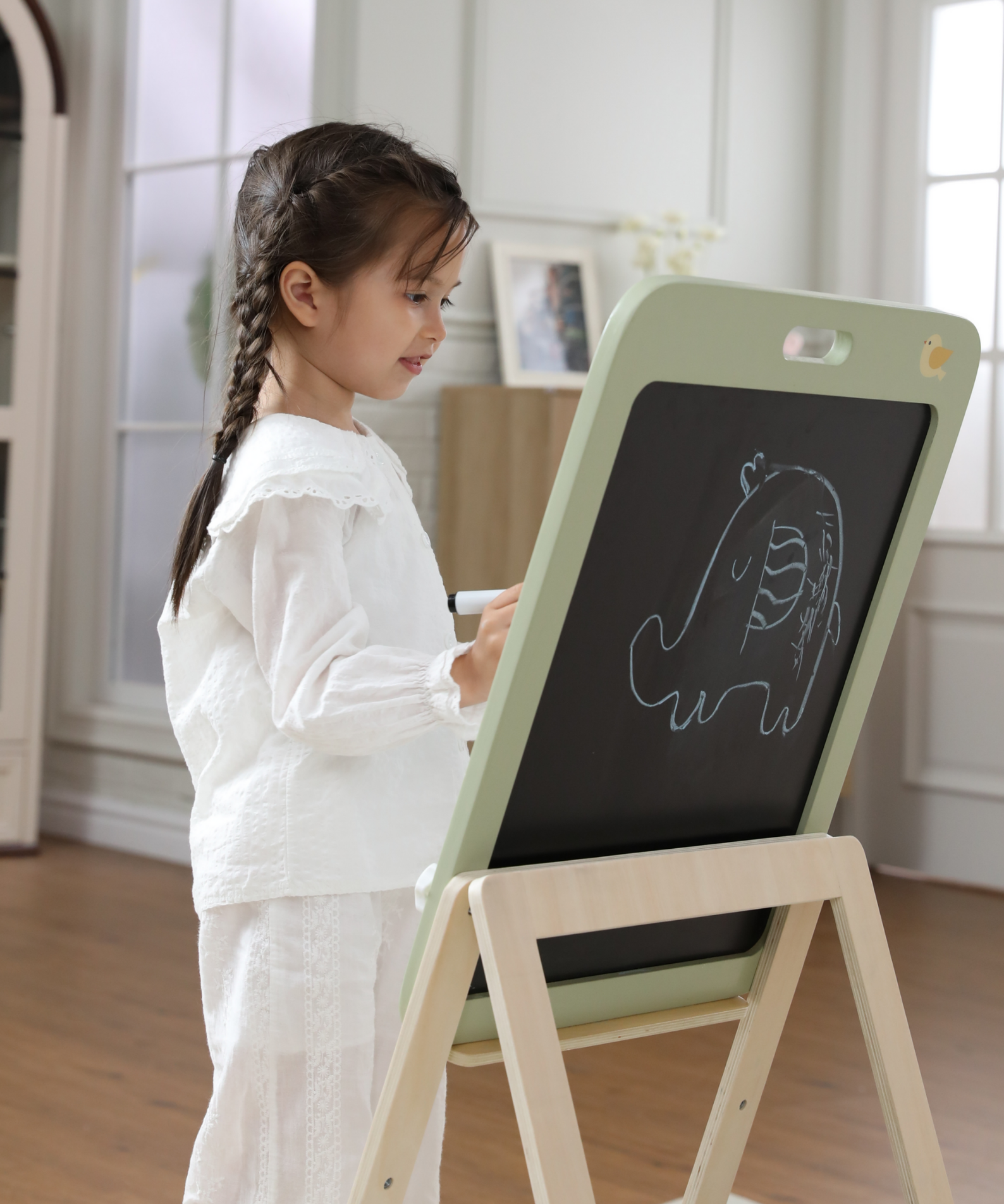 PolarB Wooden Standing Easel with Magnetic Boards, Double-Sided Height Adjustable Art Easel for Kids with Accessories, Animal Theme, Ages 3+