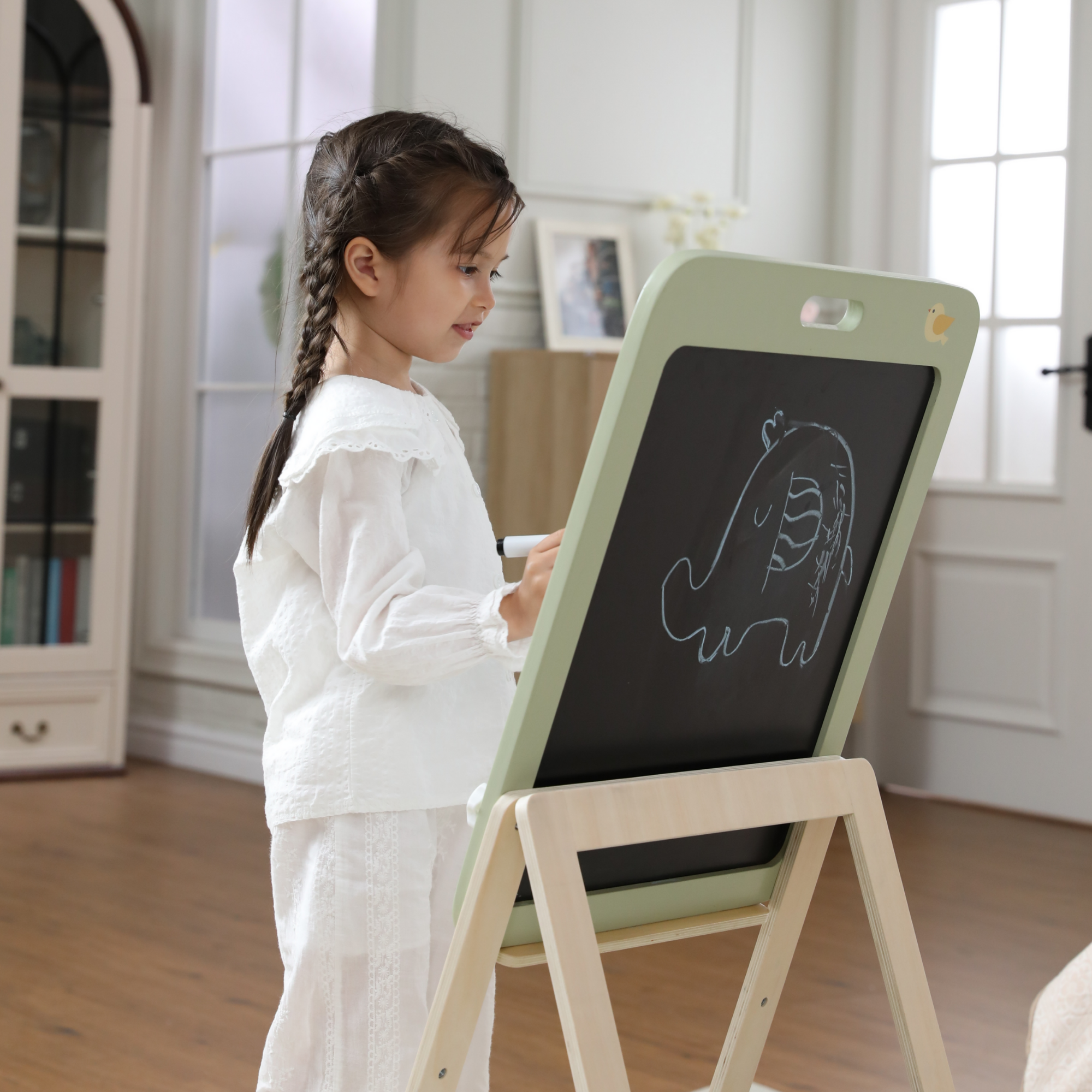 PolarB Wooden Standing Easel with Magnetic Boards, Double-Sided Height Adjustable Art Easel for Kids with Accessories, Animal Theme, Ages 3+