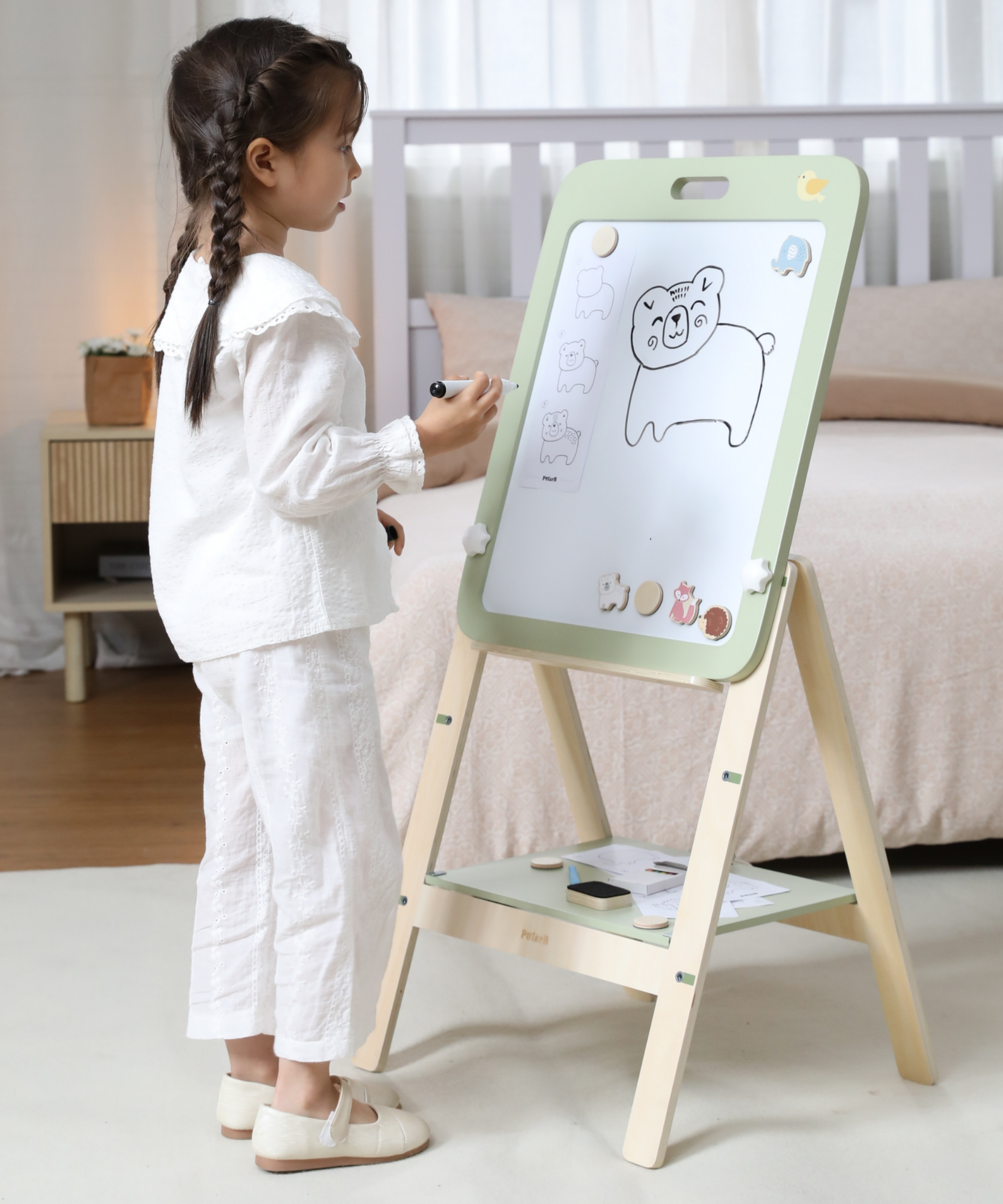 PolarB Wooden Standing Easel with Magnetic Boards, Double-Sided Height Adjustable Art Easel for Kids with Accessories, Animal Theme, Ages 3+