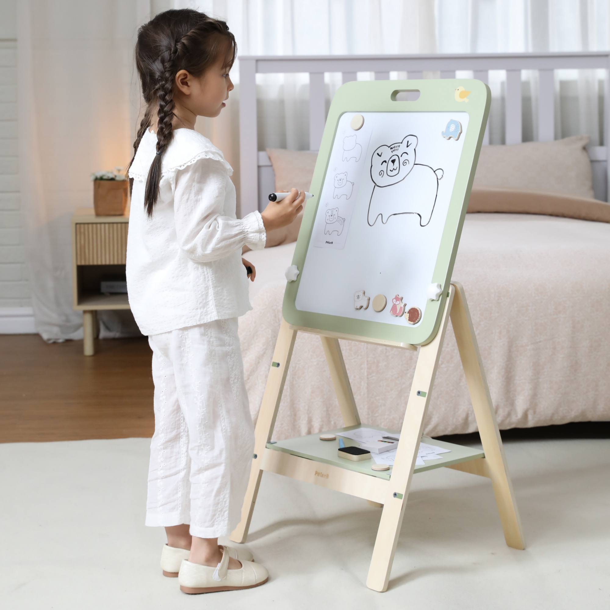 PolarB Wooden Standing Easel with Magnetic Boards, Double-Sided Height Adjustable Art Easel for Kids with Accessories, Animal Theme, Ages 3+