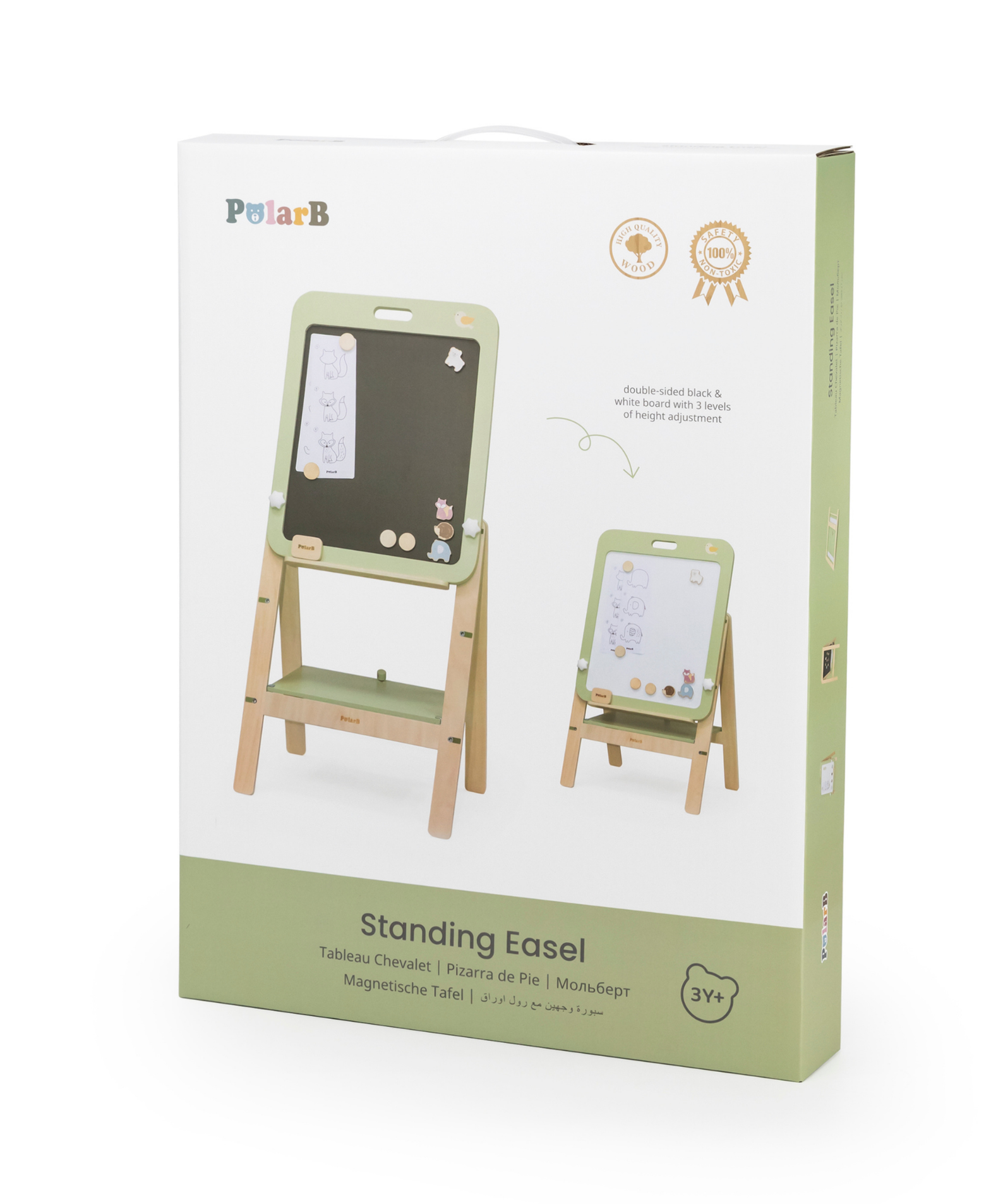 PolarB Wooden Standing Easel with Magnetic Boards, Double-Sided Height Adjustable Art Easel for Kids with Accessories, Animal Theme, Ages 3+