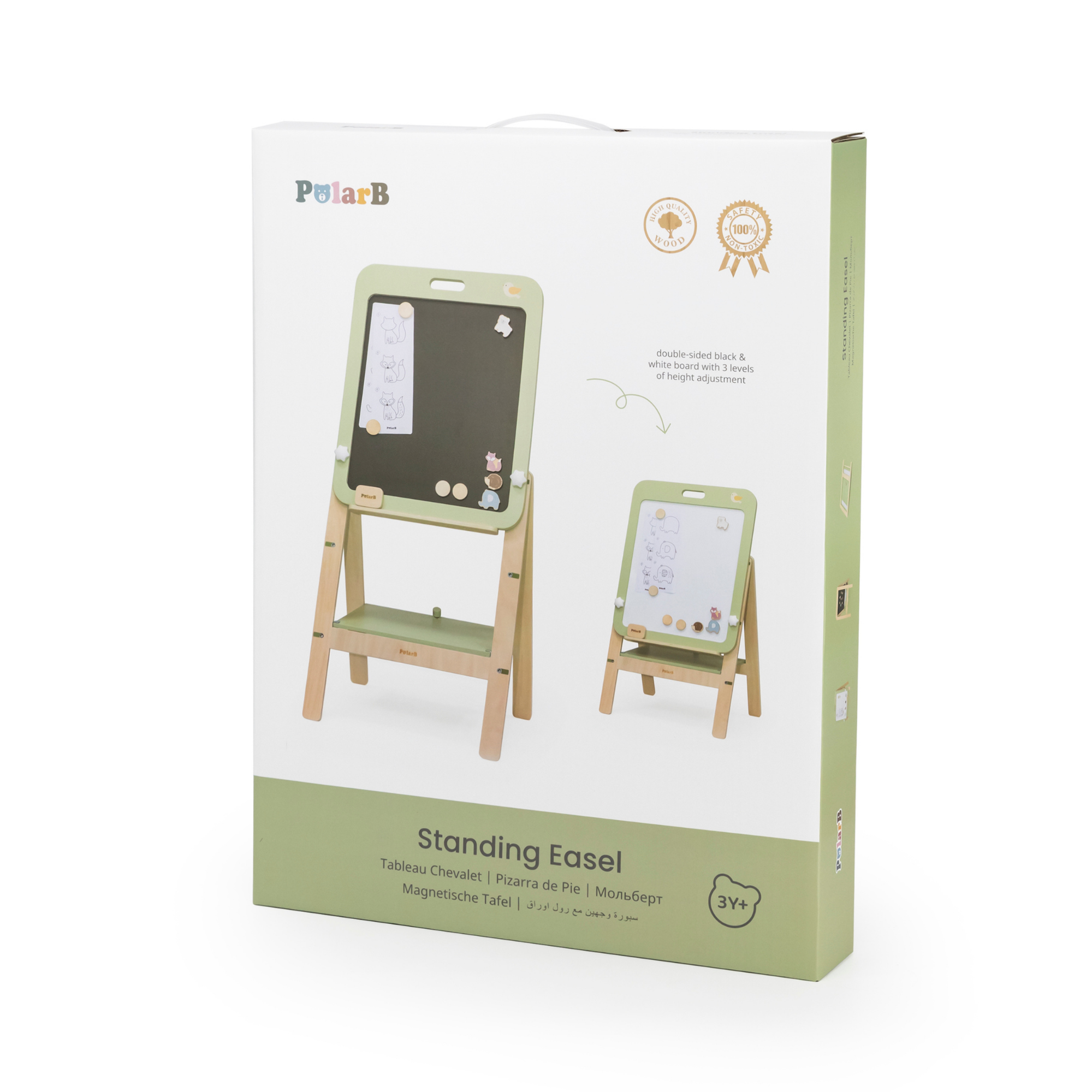 PolarB Wooden Standing Easel with Magnetic Boards, Double-Sided Height Adjustable Art Easel for Kids with Accessories, Animal Theme, Ages 3+
