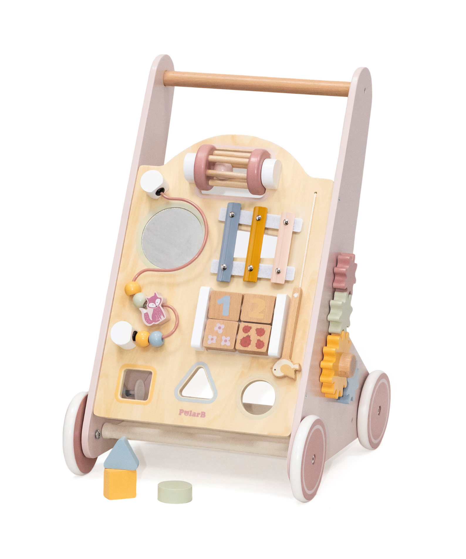 PolarB Wooden Baby Push Walker with Activity Center, Multifunctional Walking Aid with Shape Sorter, Xylophone, Mirror and Storage, Encourages Motor Skills and Early Development, Ages 18 Months+