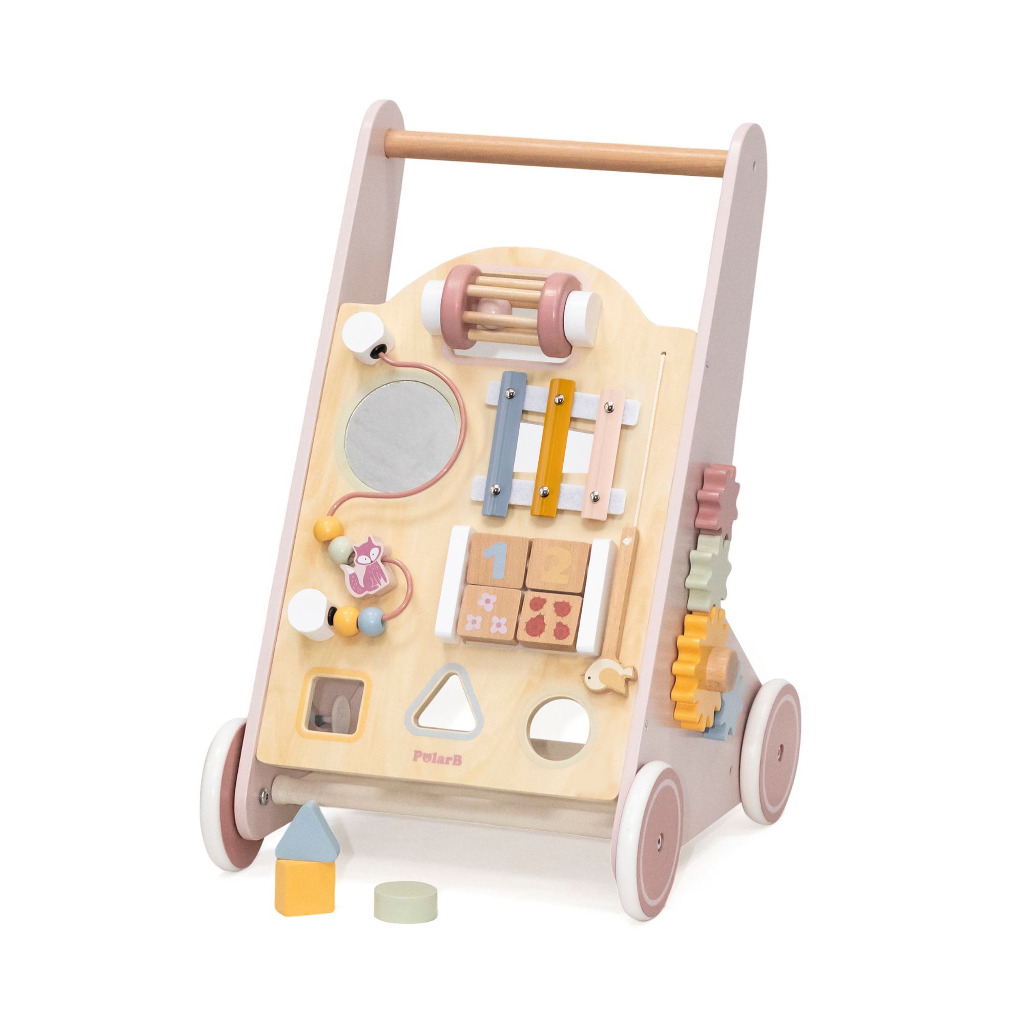 PolarB Wooden Baby Push Walker with Activity Center, Multifunctional Walking Aid with Shape Sorter, Xylophone, Mirror and Storage, Encourages Motor Skills and Early Development, Ages 18 Months+