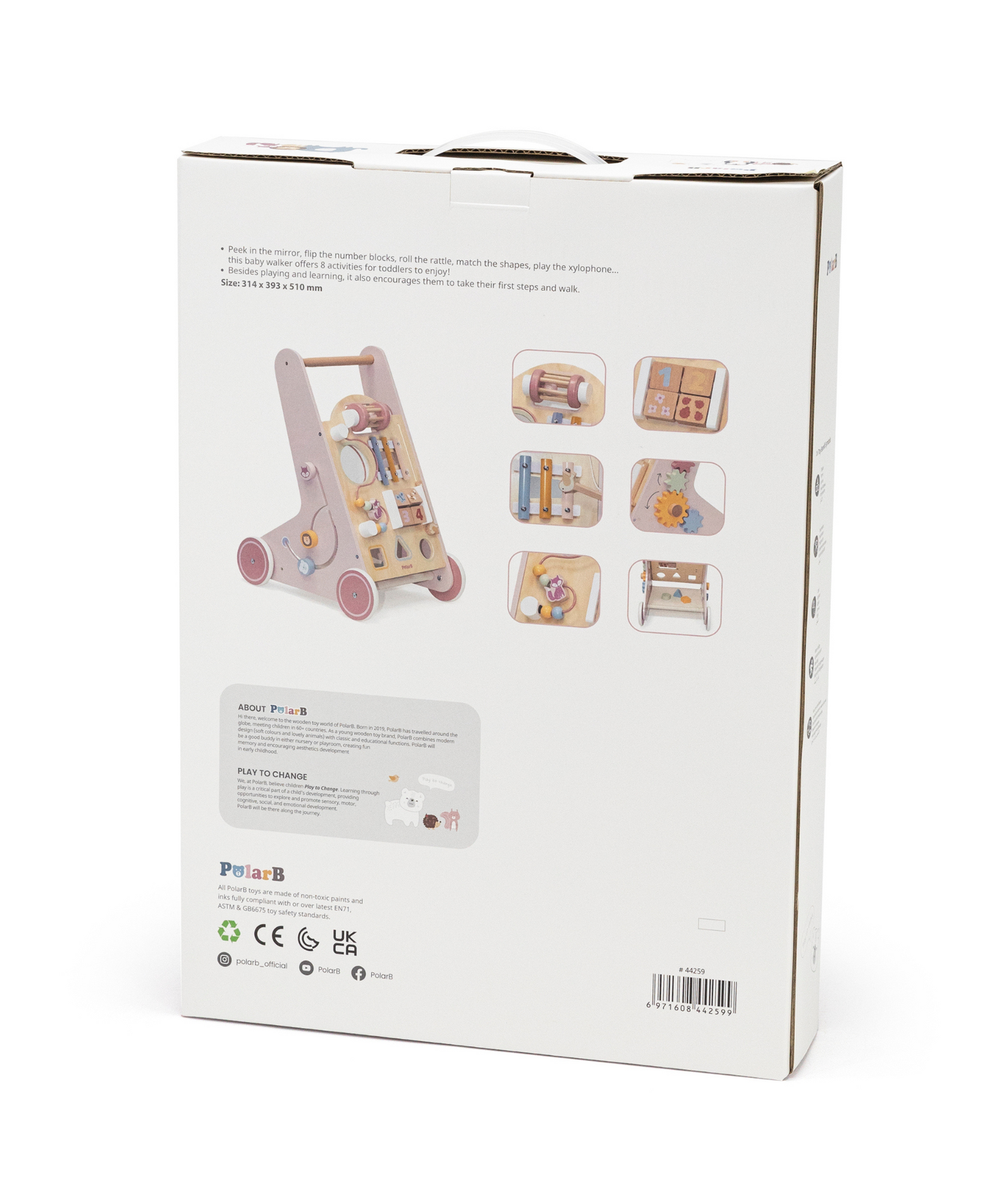 PolarB Wooden Baby Push Walker with Activity Center, Multifunctional Walking Aid with Shape Sorter, Xylophone, Mirror and Storage, Encourages Motor Skills and Early Development, Ages 18 Months+