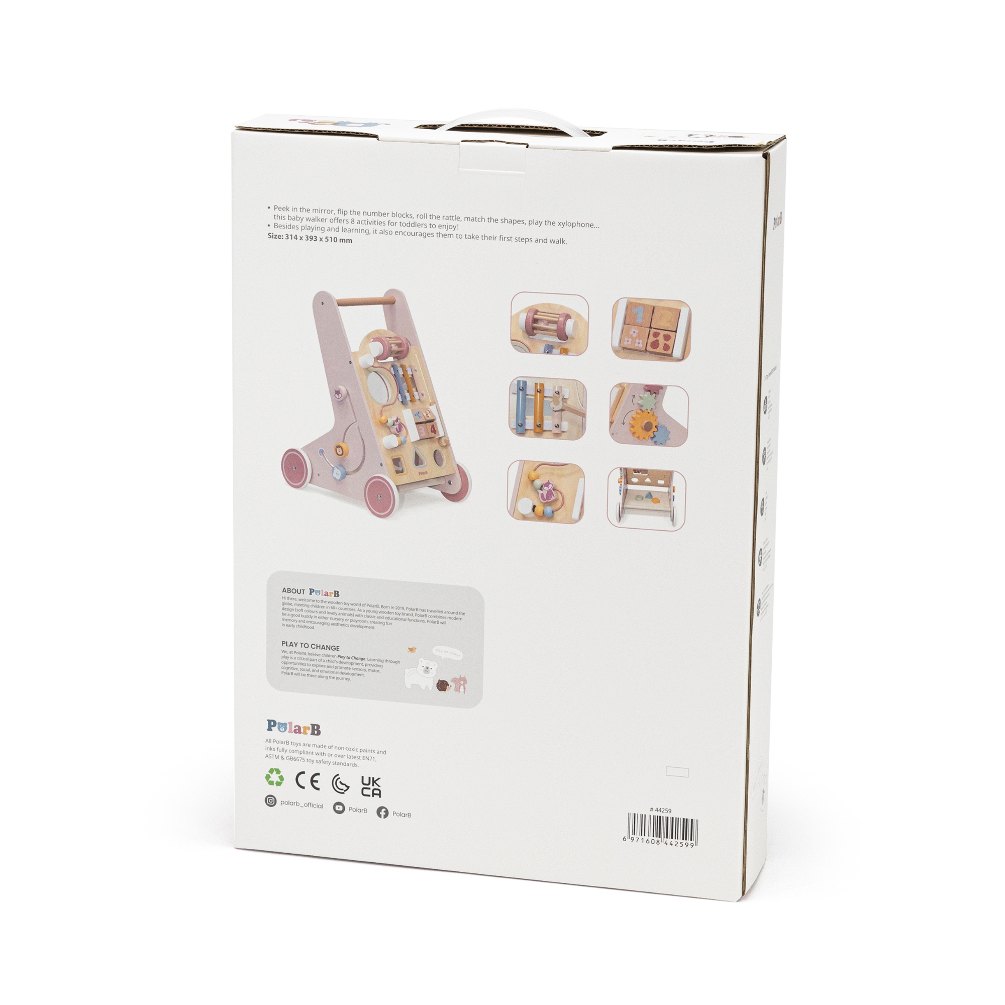 PolarB Wooden Baby Push Walker with Activity Center, Multifunctional Walking Aid with Shape Sorter, Xylophone, Mirror and Storage, Encourages Motor Skills and Early Development, Ages 18 Months+