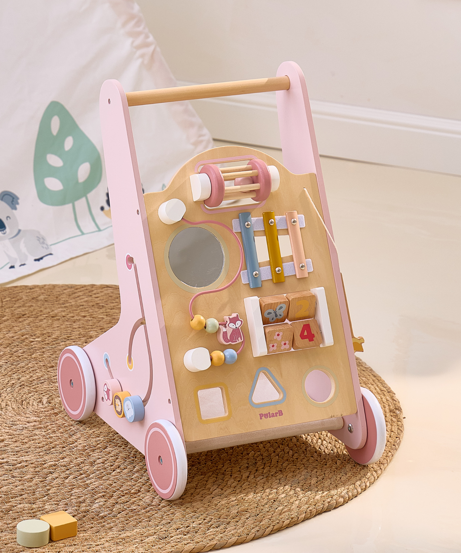 PolarB Wooden Baby Push Walker with Activity Center, Multifunctional Walking Aid with Shape Sorter, Xylophone, Mirror and Storage, Encourages Motor Skills and Early Development, Ages 18 Months+