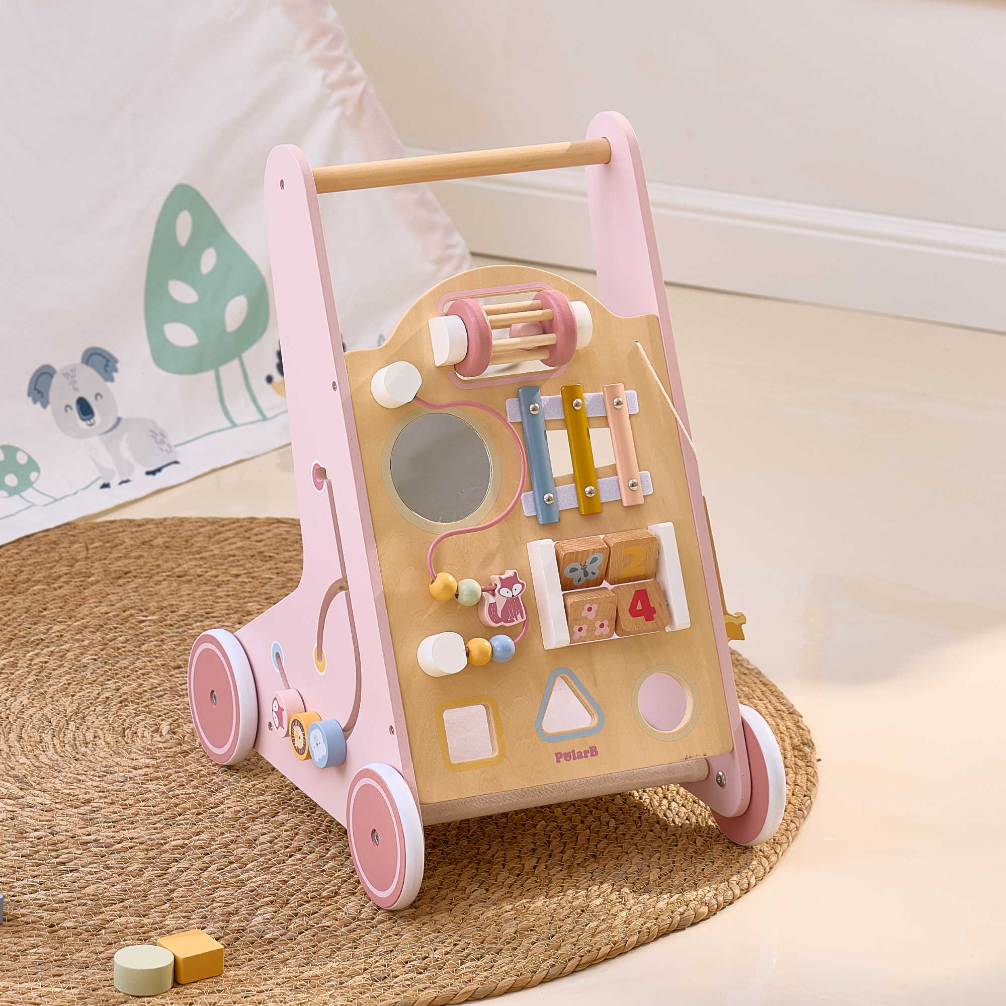 PolarB Wooden Baby Push Walker with Activity Center, Multifunctional Walking Aid with Shape Sorter, Xylophone, Mirror and Storage, Encourages Motor Skills and Early Development, Ages 18 Months+