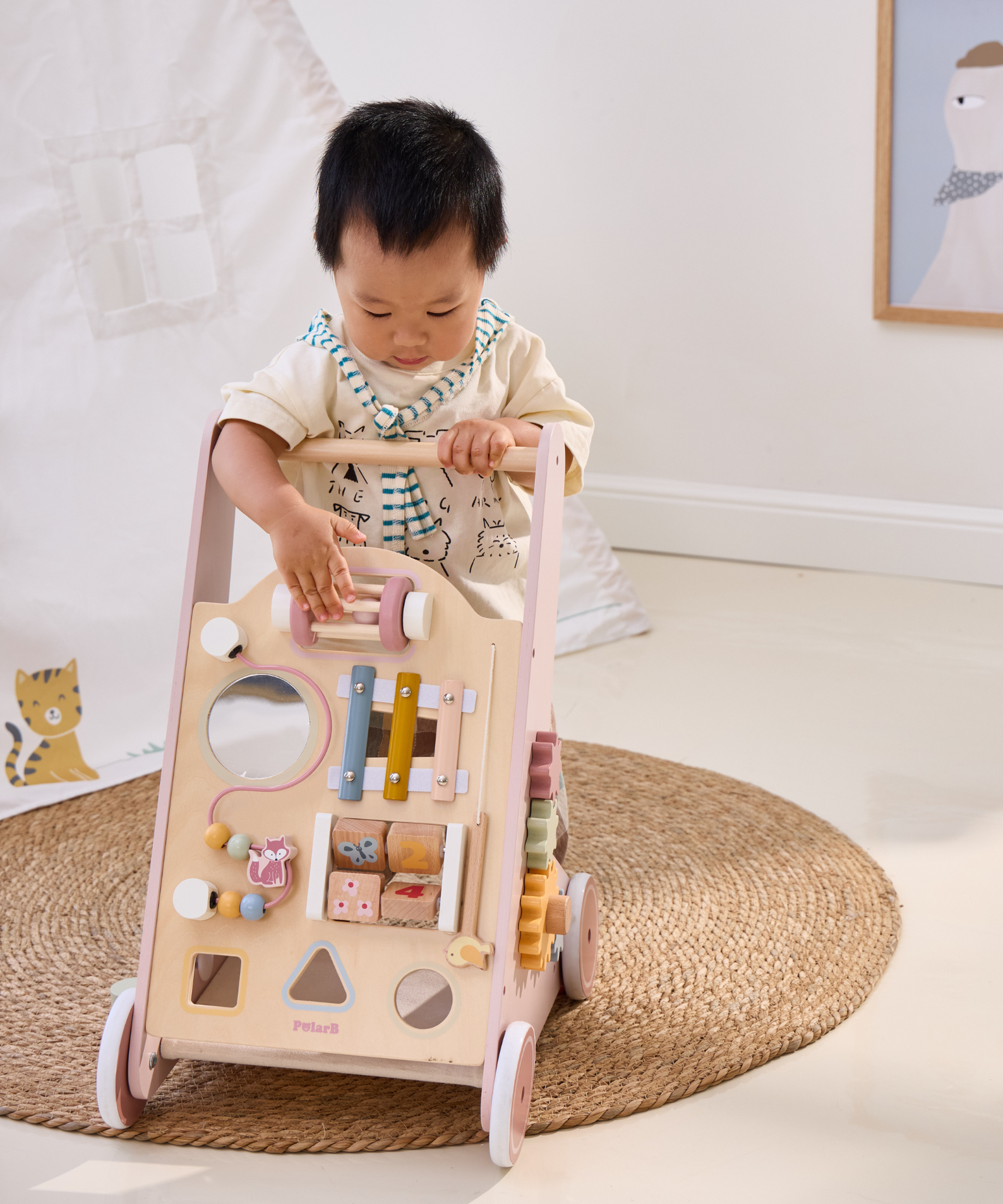 PolarB Wooden Baby Push Walker with Activity Center, Multifunctional Walking Aid with Shape Sorter, Xylophone, Mirror and Storage, Encourages Motor Skills and Early Development, Ages 18 Months+