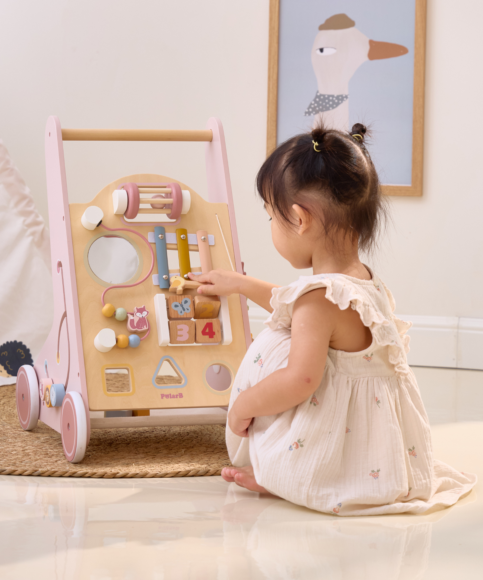 PolarB Wooden Baby Push Walker with Activity Center, Multifunctional Walking Aid with Shape Sorter, Xylophone, Mirror and Storage, Encourages Motor Skills and Early Development, Ages 18 Months+