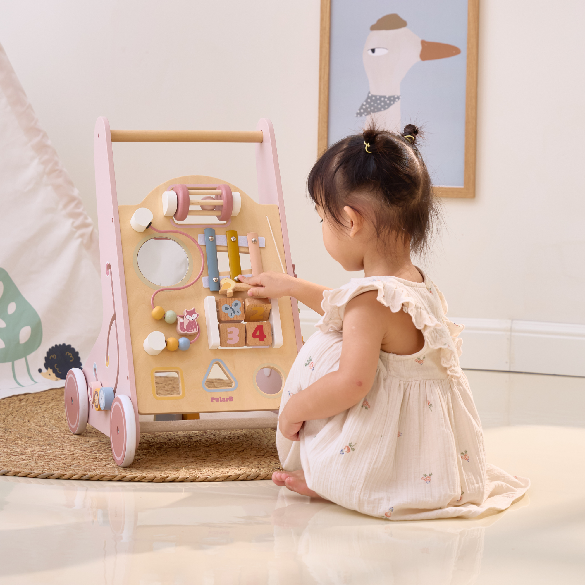 PolarB Wooden Baby Push Walker with Activity Center, Multifunctional Walking Aid with Shape Sorter, Xylophone, Mirror and Storage, Encourages Motor Skills and Early Development, Ages 18 Months+