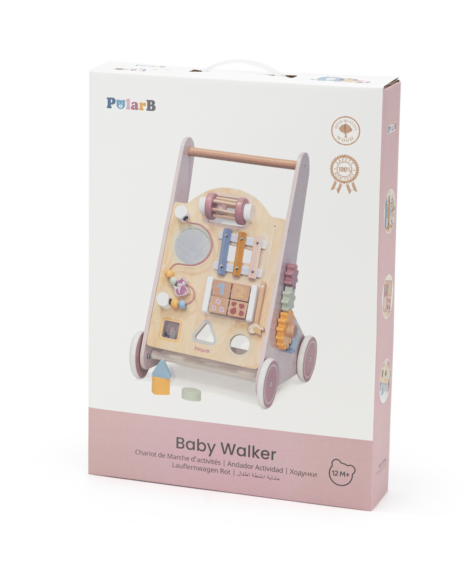 PolarB Wooden Baby Push Walker with Activity Center, Multifunctional Walking Aid with Shape Sorter, Xylophone, Mirror and Storage, Encourages Motor Skills and Early Development, Ages 18 Months+