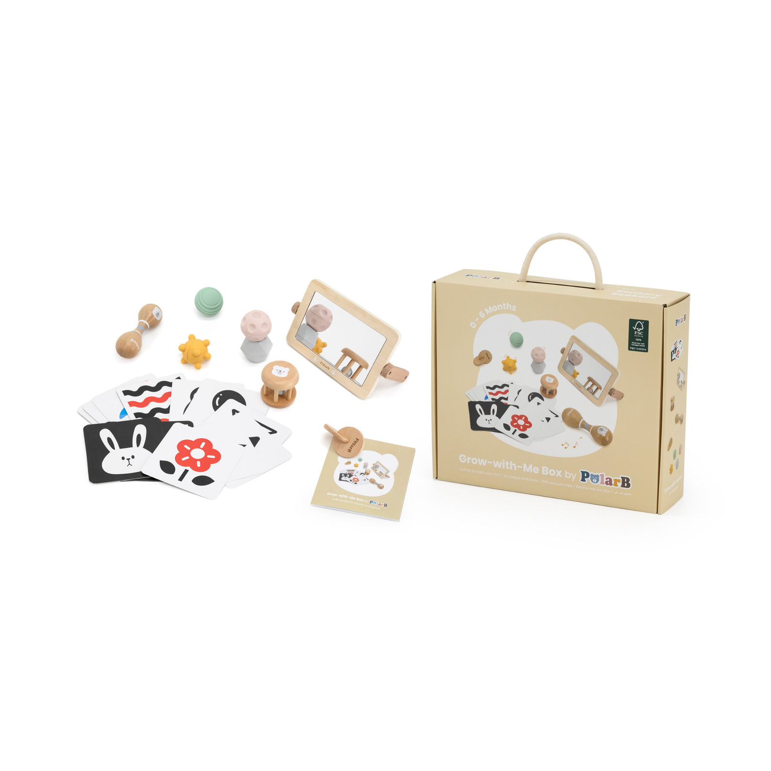 PolarB FSC Grow-with-Me Sensory Seekers Box, Montessori-Inspired Sensory Toy Set for Babies 0-6 Months, Includes High Contrast Cards, Mirror, Maracas, Rattle, Discs and Textured Balls