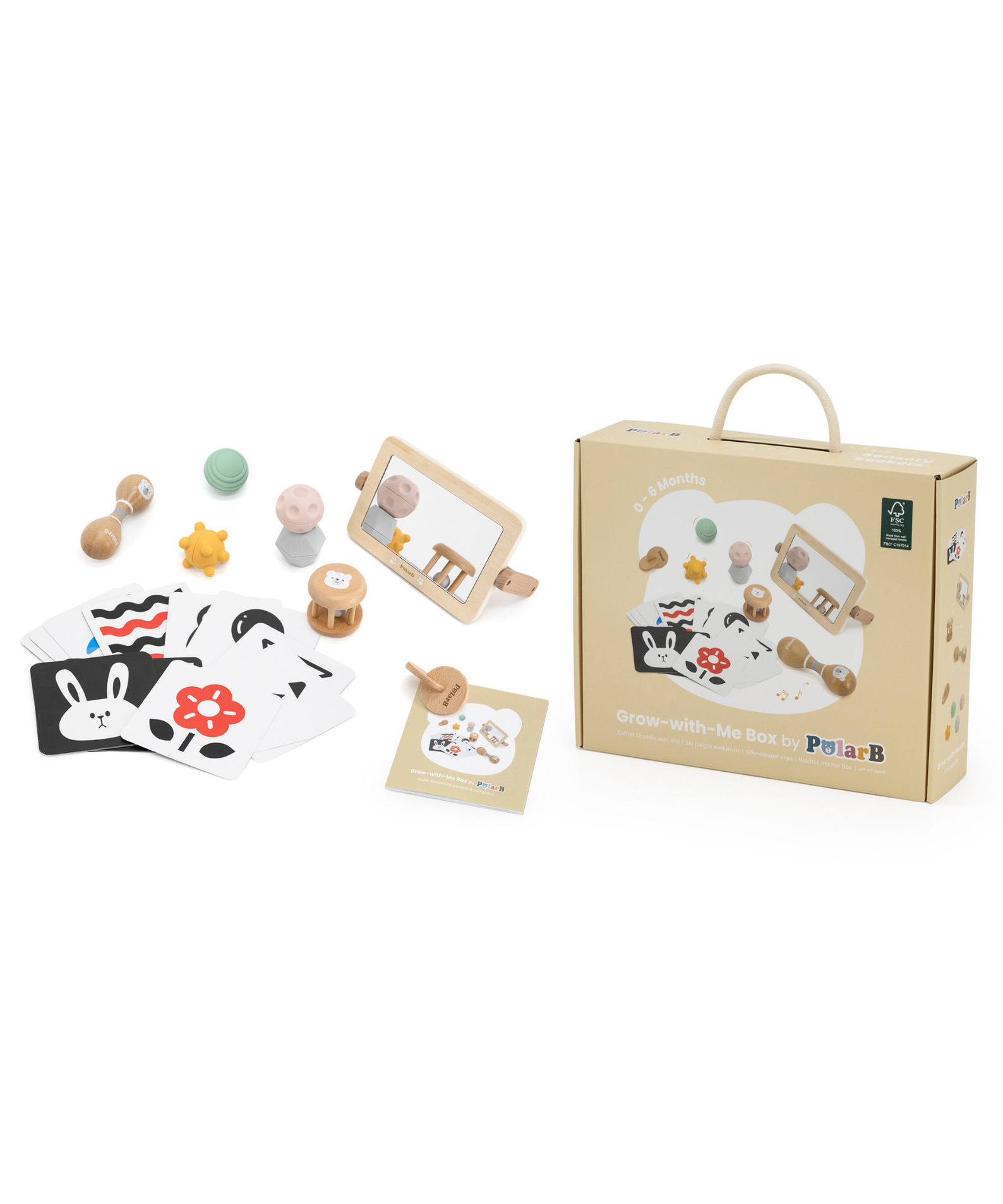 PolarB FSC Grow-with-Me Sensory Seekers Box, Montessori-Inspired Sensory Toy Set for Babies 0-6 Months, Includes High Contrast Cards, Mirror, Maracas, Rattle, Discs and Textured Balls