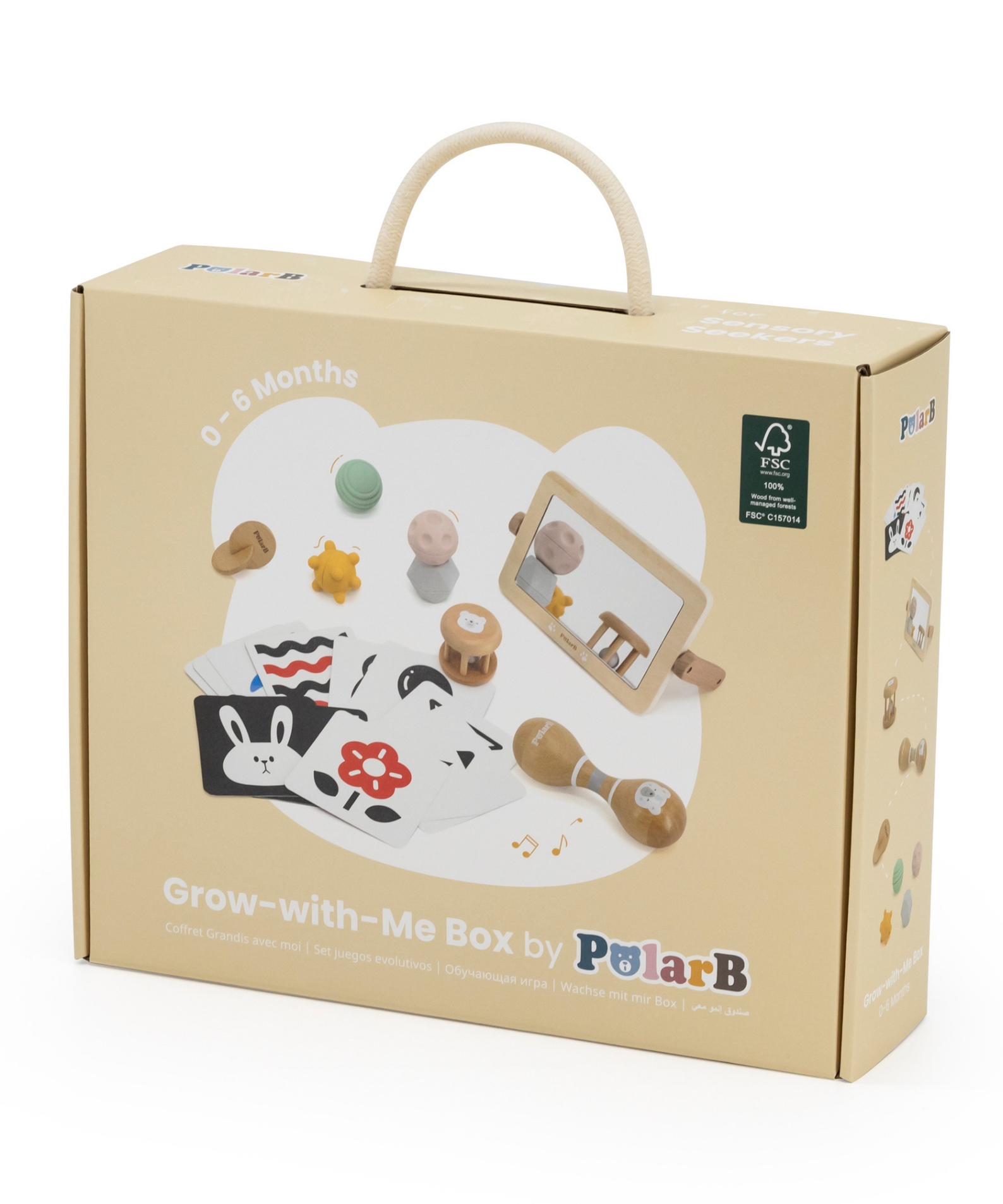 PolarB FSC Grow-with-Me Sensory Seekers Box, Montessori-Inspired Sensory Toy Set for Babies 0-6 Months, Includes High Contrast Cards, Mirror, Maracas, Rattle, Discs and Textured Balls