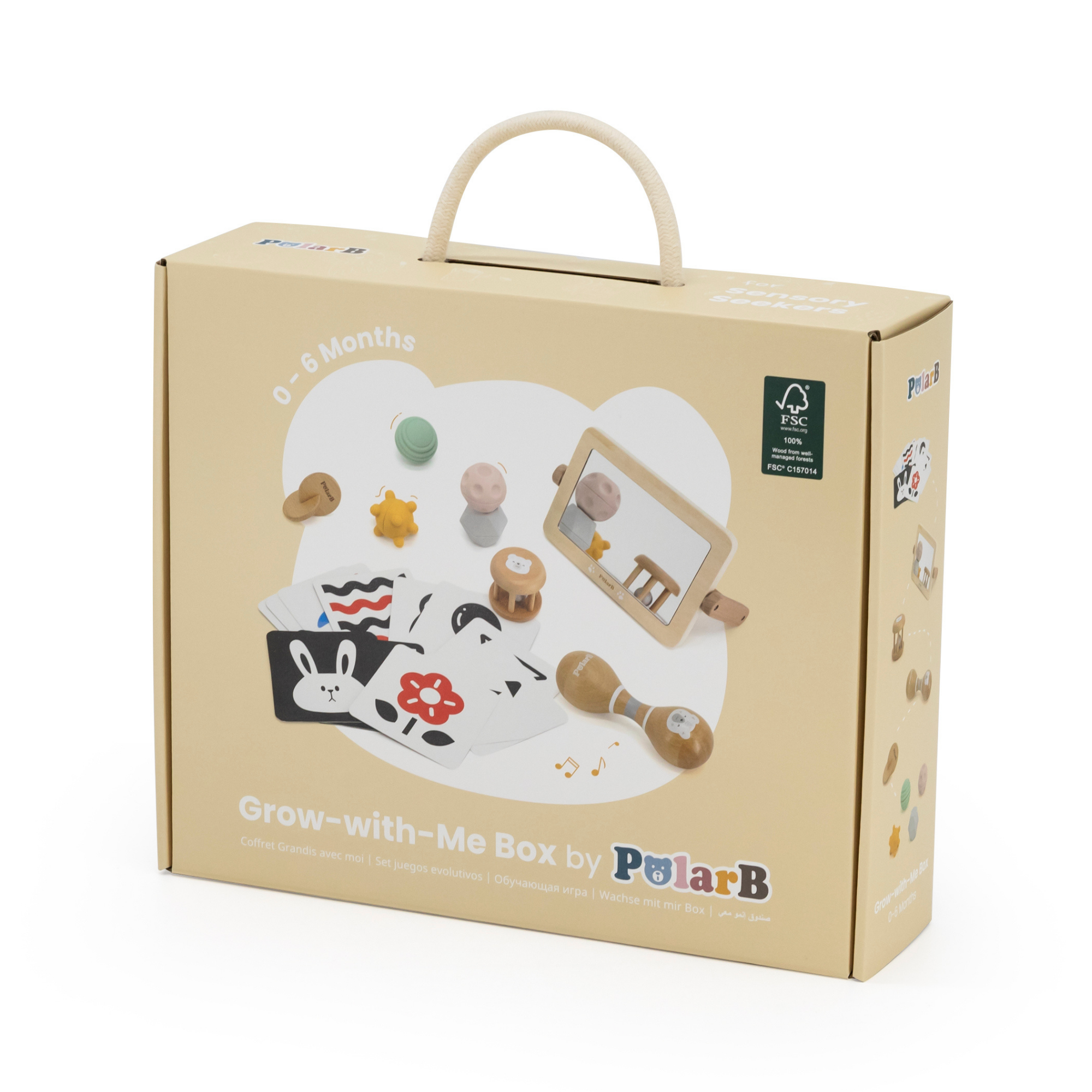 PolarB FSC Grow-with-Me Sensory Seekers Box, Montessori-Inspired Sensory Toy Set for Babies 0-6 Months, Includes High Contrast Cards, Mirror, Maracas, Rattle, Discs and Textured Balls