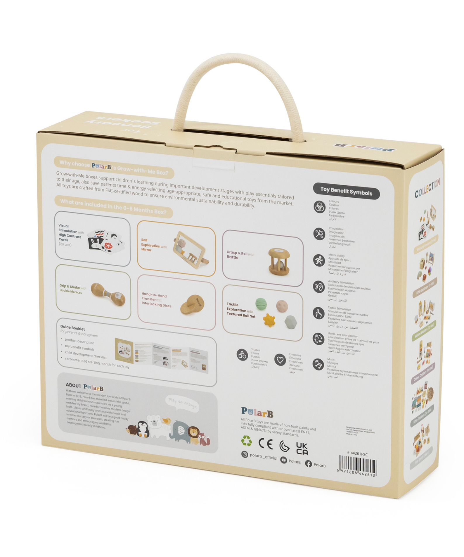 PolarB FSC Grow-with-Me Sensory Seekers Box, Montessori-Inspired Sensory Toy Set for Babies 0-6 Months, Includes High Contrast Cards, Mirror, Maracas, Rattle, Discs and Textured Balls