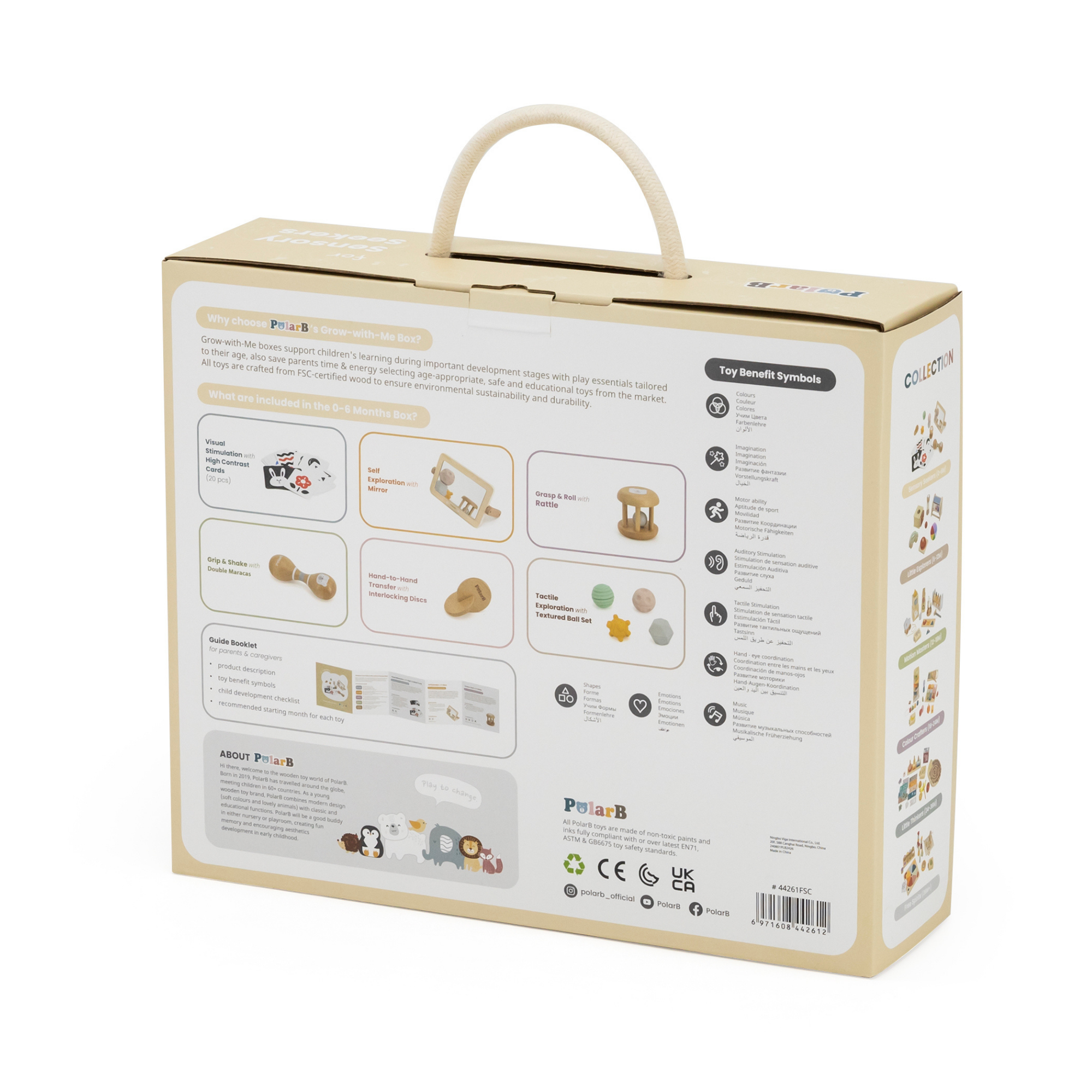 PolarB FSC Grow-with-Me Sensory Seekers Box, Montessori-Inspired Sensory Toy Set for Babies 0-6 Months, Includes High Contrast Cards, Mirror, Maracas, Rattle, Discs and Textured Balls