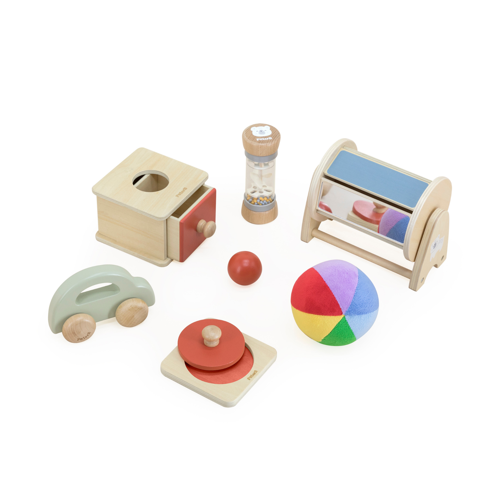 PolarB FSC Grow-with-Me Box Little Explorers, Sensory and Motor Skill Development Toy Set for Babies 6-12 Months, Includes Wooden Car, Mirror Sorter, Plush Ball, Puzzle, and More
