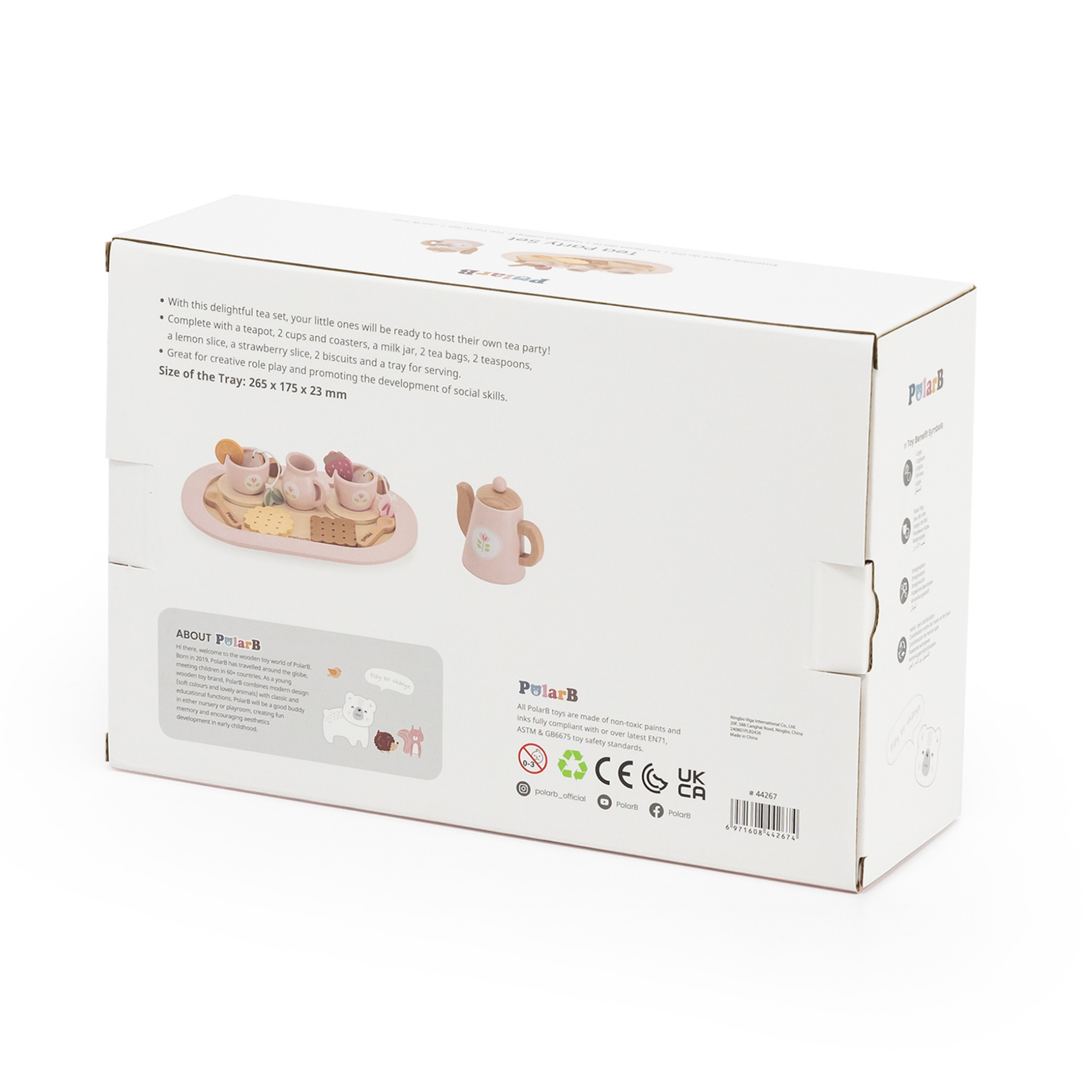 PolarB Wooden Tea Party Set, Pretend Play Tea Set with Teapot, Cups, Tray, Biscuits, and Accessories, Role Play Toy for Toddlers, Ages 3+