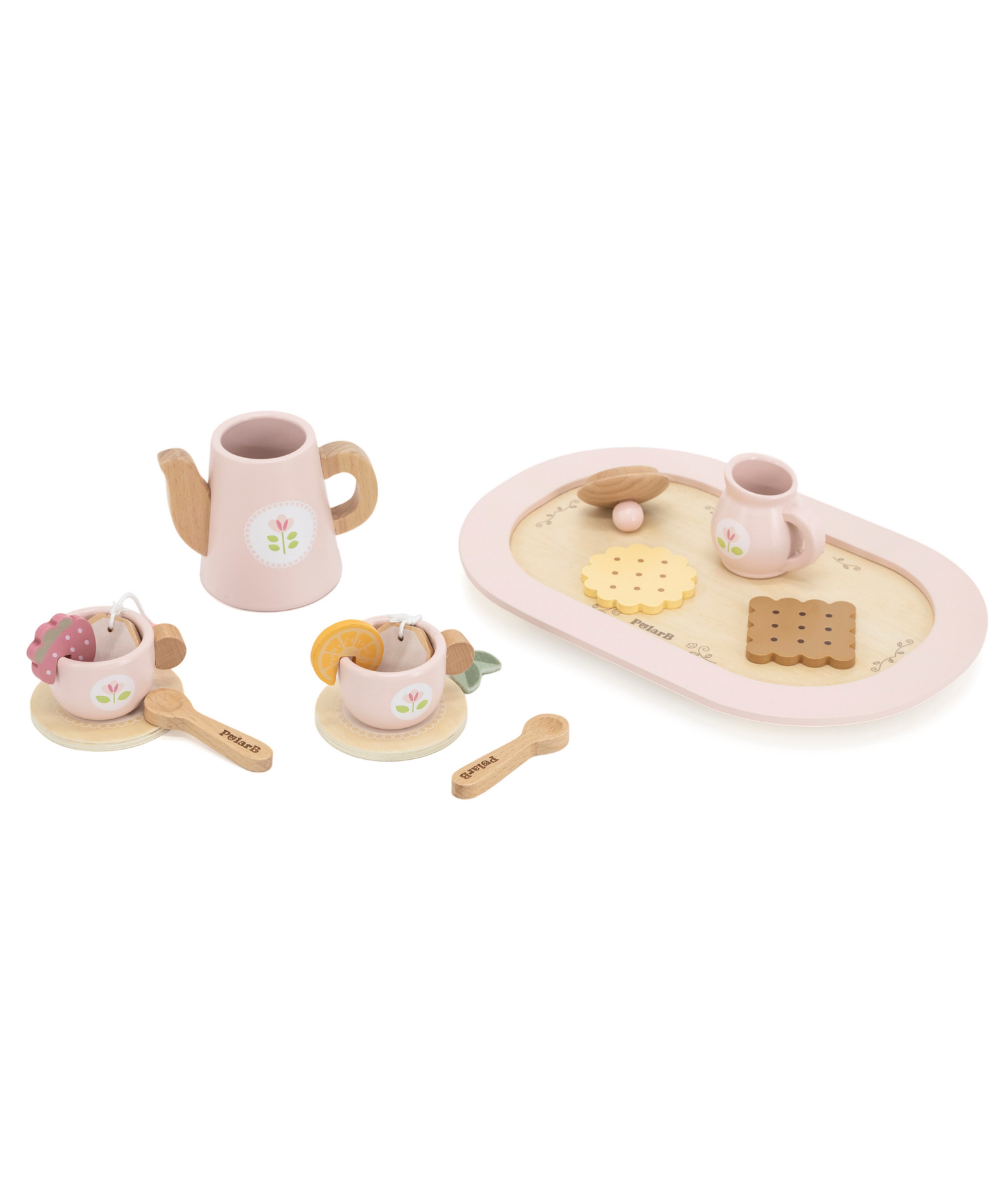 PolarB Wooden Tea Party Set, Pretend Play Tea Set with Teapot, Cups, Tray, Biscuits, and Accessories, Role Play Toy for Toddlers, Ages 3+