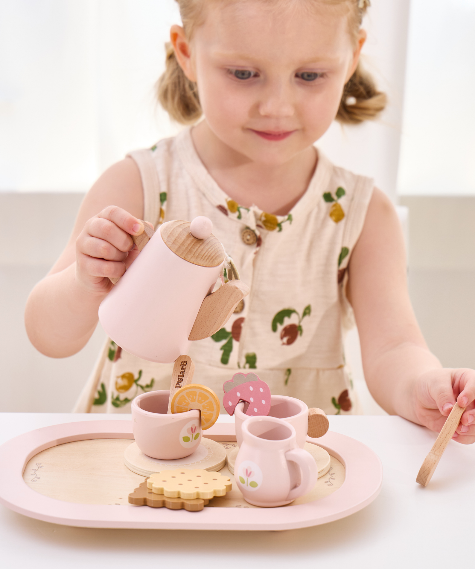 PolarB Wooden Tea Party Set, Pretend Play Tea Set with Teapot, Cups, Tray, Biscuits, and Accessories, Role Play Toy for Toddlers, Ages 3+