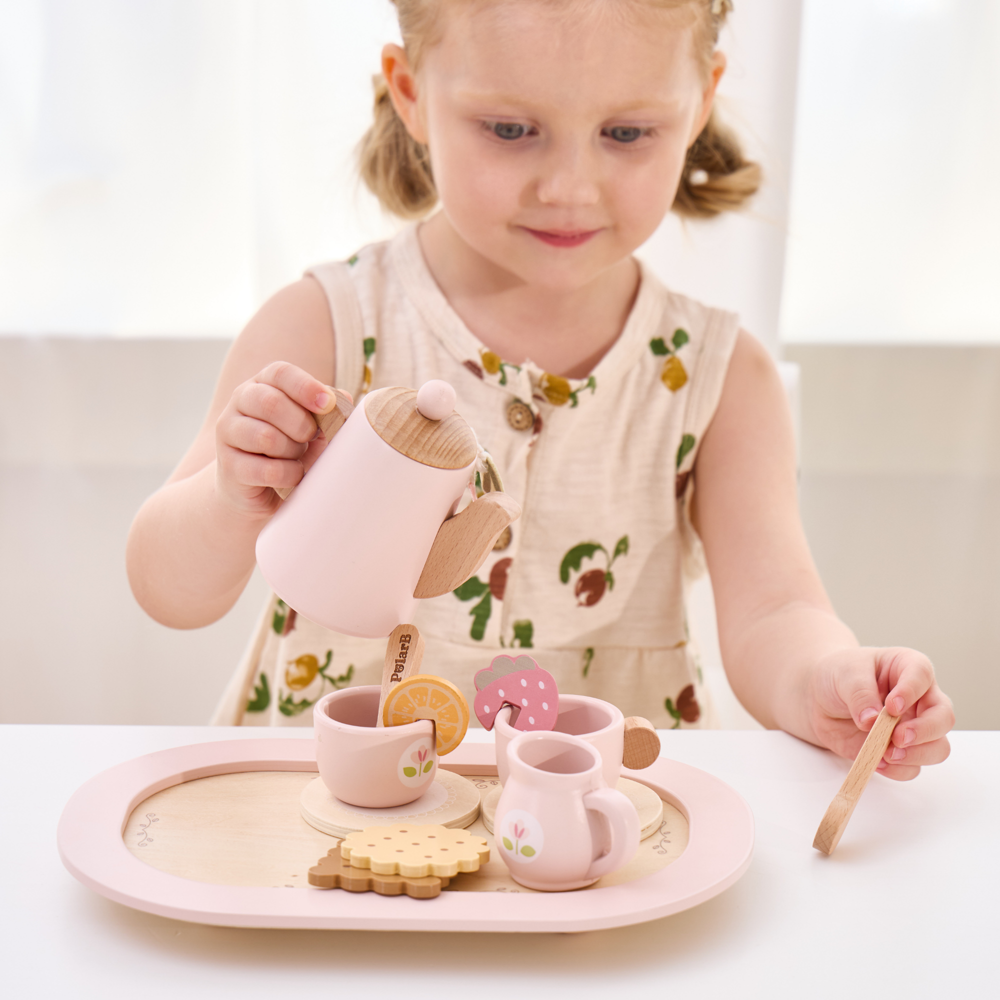 PolarB Wooden Tea Party Set, Pretend Play Tea Set with Teapot, Cups, Tray, Biscuits, and Accessories, Role Play Toy for Toddlers, Ages 3+