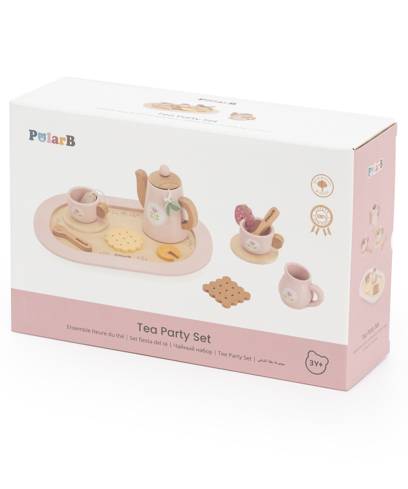 PolarB Wooden Tea Party Set, Pretend Play Tea Set with Teapot, Cups, Tray, Biscuits, and Accessories, Role Play Toy for Toddlers, Ages 3+