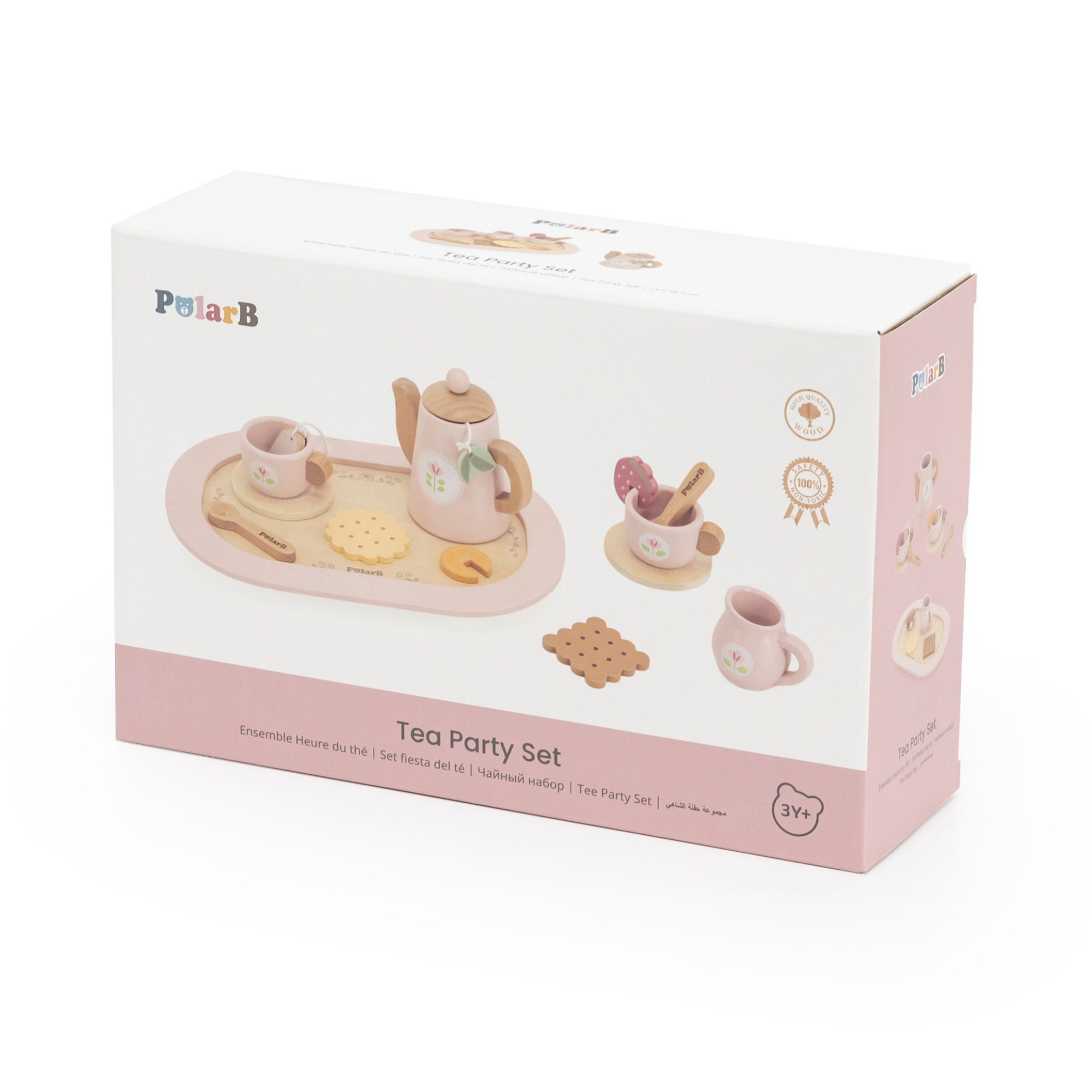 PolarB Wooden Tea Party Set, Pretend Play Tea Set with Teapot, Cups, Tray, Biscuits, and Accessories, Role Play Toy for Toddlers, Ages 3+
