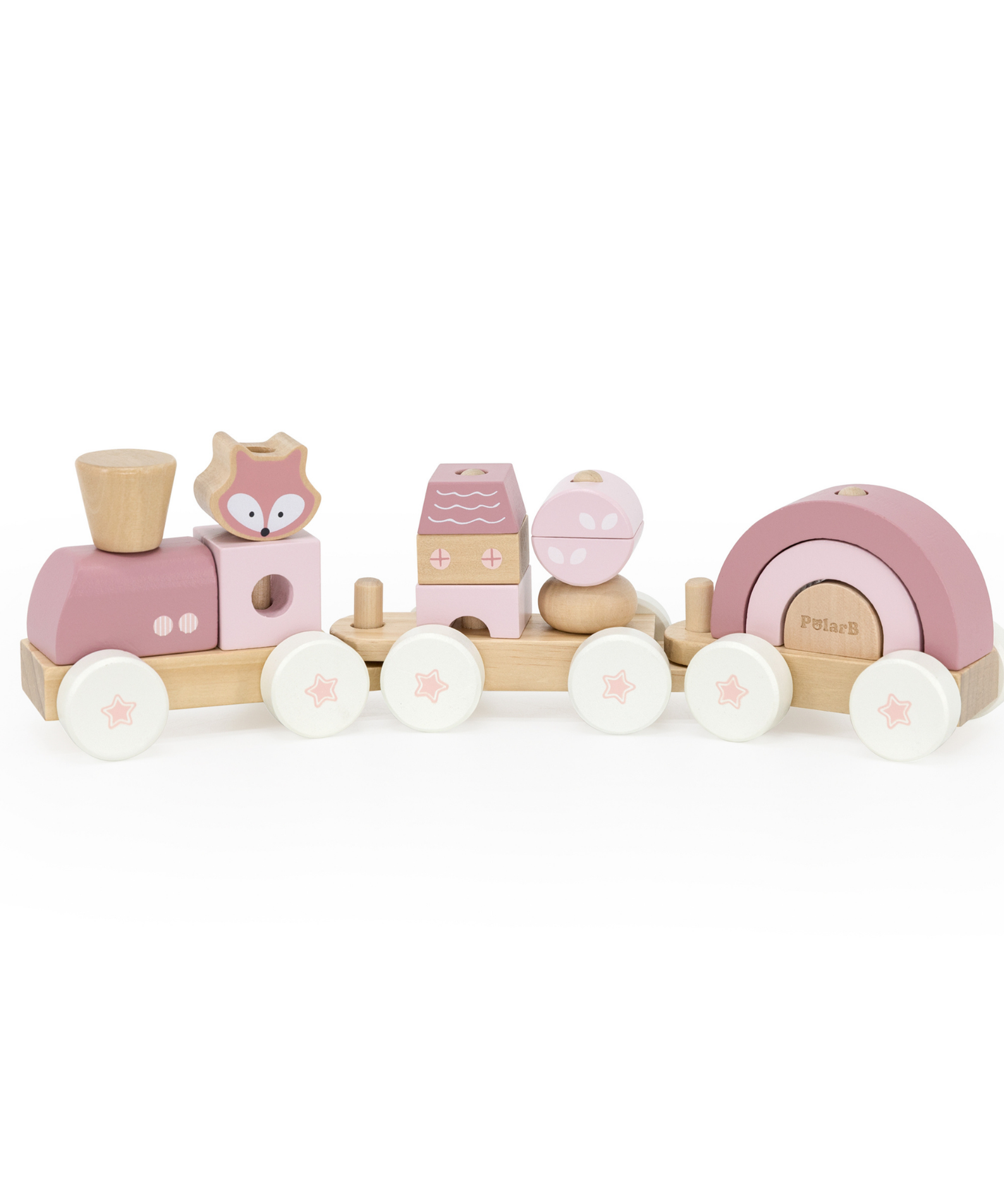 PolarB Stacking Train, 3-Carriage Wooden Toy with 14 Blocks, Fox Theme in Pastel Pink Suitable for Kids 18 Months+