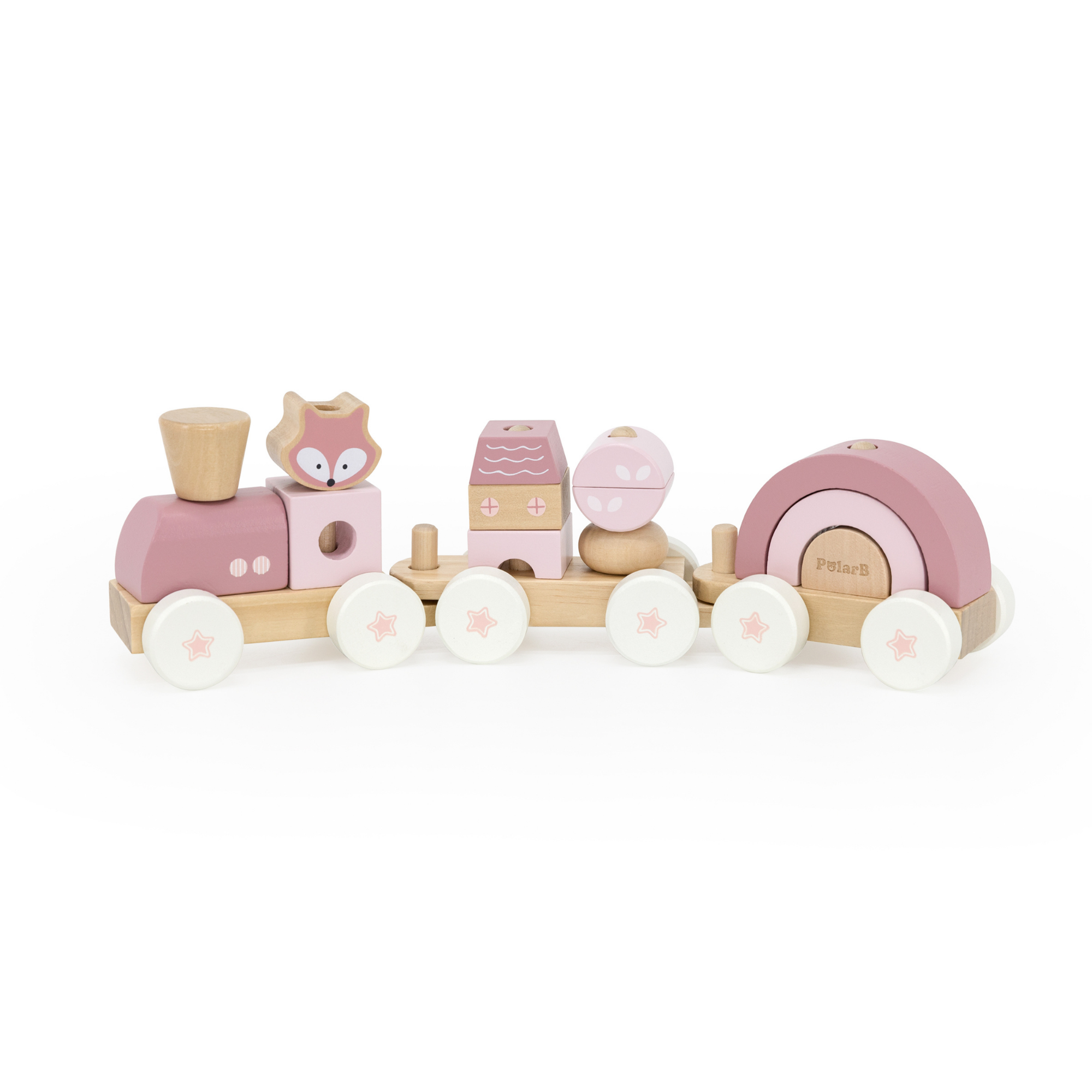 PolarB Stacking Train, 3-Carriage Wooden Toy with 14 Blocks, Fox Theme in Pastel Pink Suitable for Kids 18 Months+