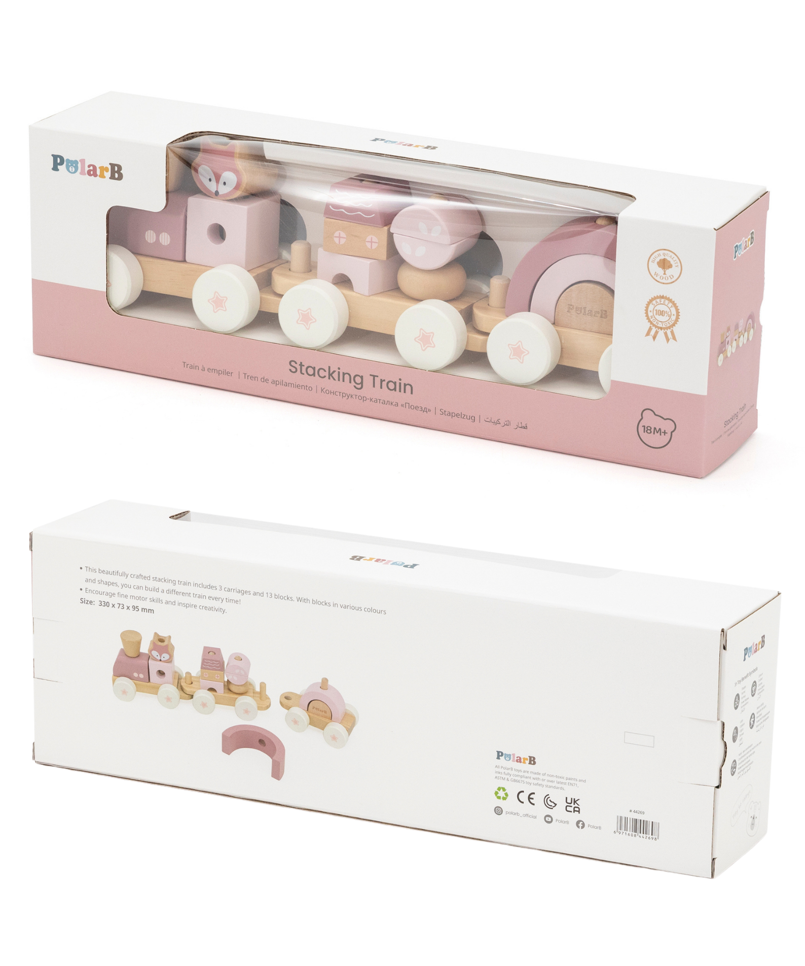 PolarB Stacking Train, 3-Carriage Wooden Toy with 14 Blocks, Fox Theme in Pastel Pink Suitable for Kids 18 Months+