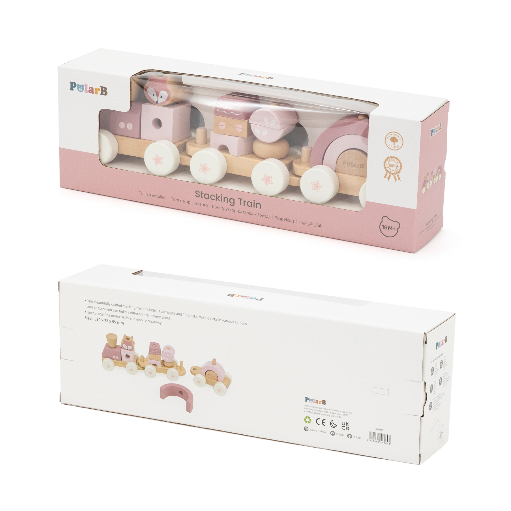 PolarB Stacking Train, 3-Carriage Wooden Toy with 14 Blocks, Fox Theme in Pastel Pink Suitable for Kids 18 Months+