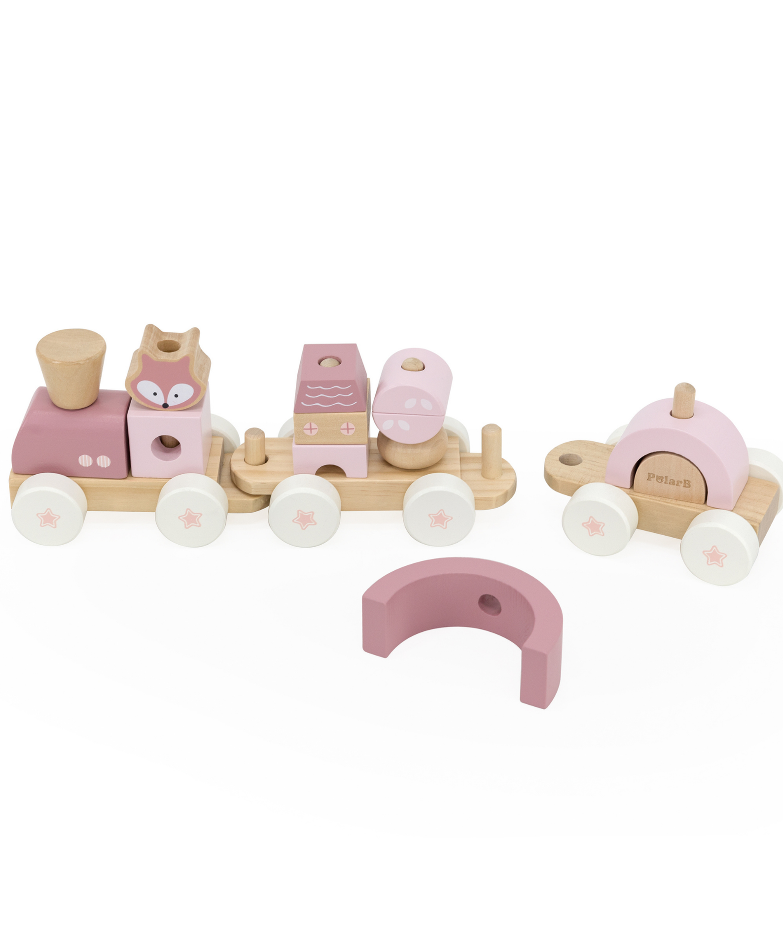 PolarB Stacking Train, 3-Carriage Wooden Toy with 14 Blocks, Fox Theme in Pastel Pink Suitable for Kids 18 Months+