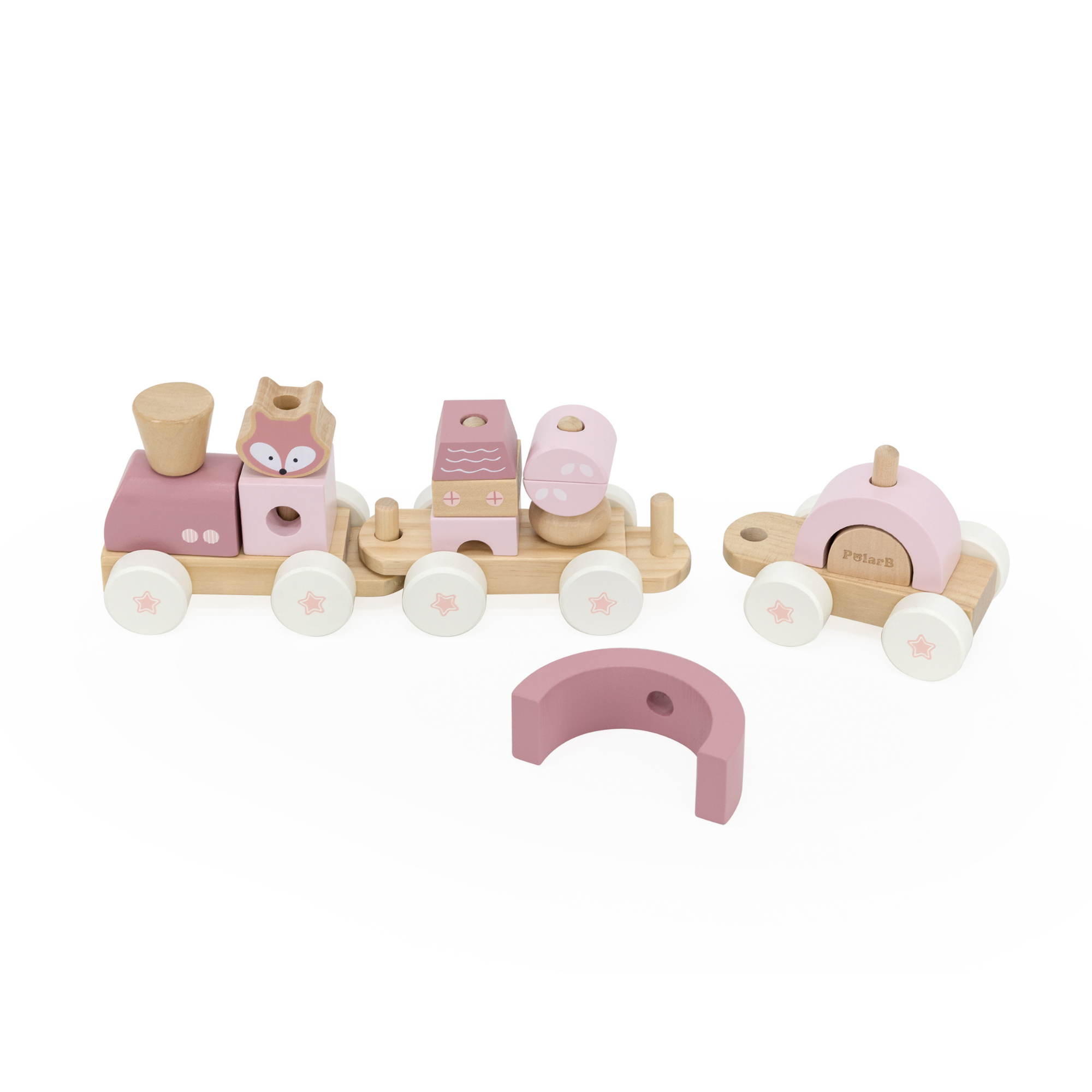 PolarB Stacking Train, 3-Carriage Wooden Toy with 14 Blocks, Fox Theme in Pastel Pink Suitable for Kids 18 Months+